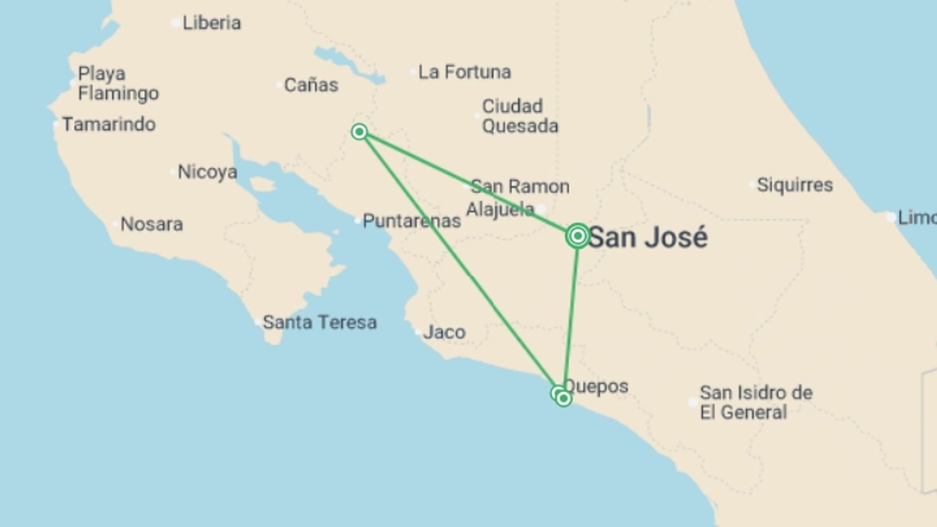 A map showing the tour itinerary for the trip: Highlights of Costa Rica, starting in San Jose, Costa Rica and ending in San Jose, Costa Rica going through 2 other destinations.
