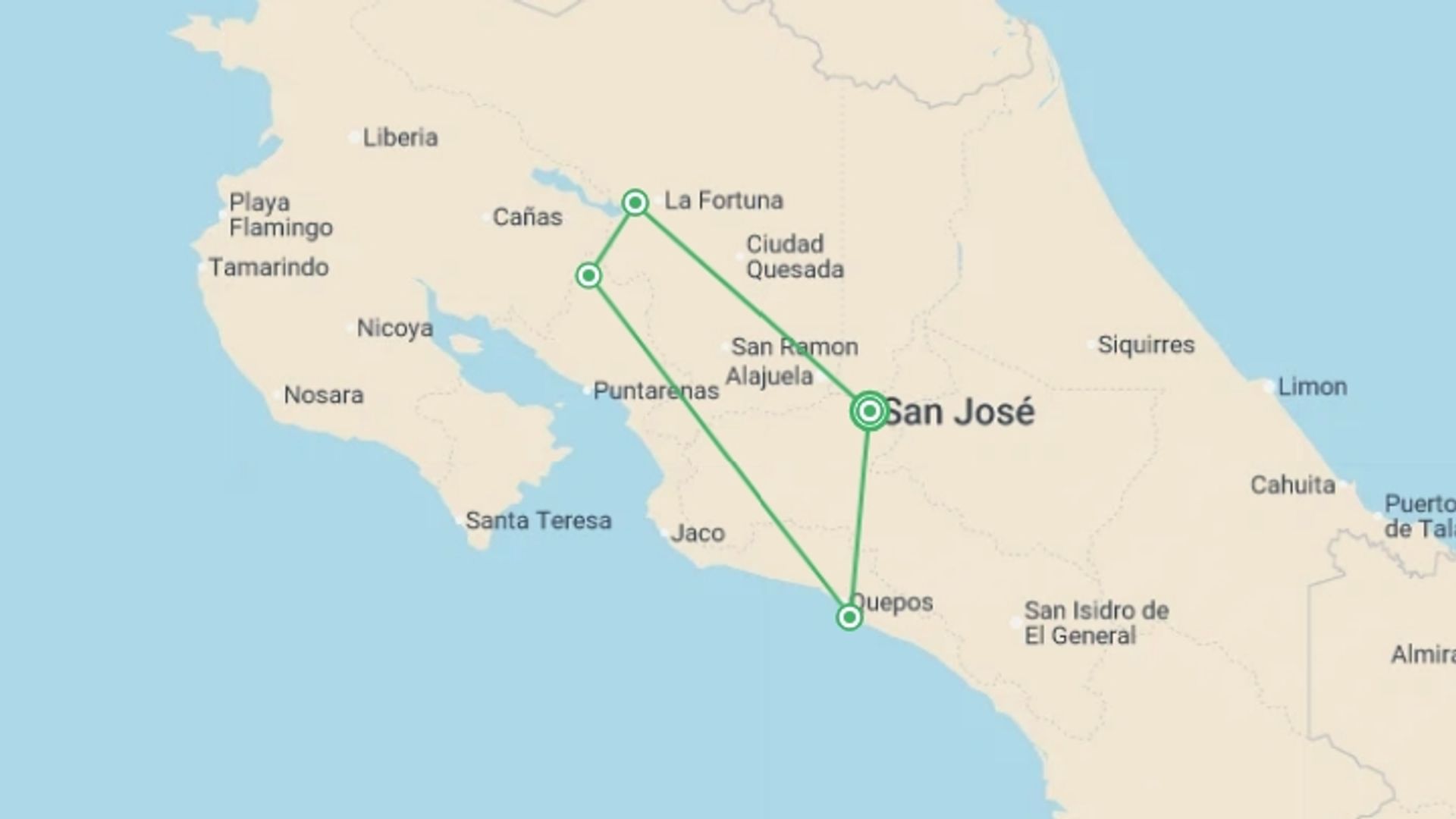 A map showing the tour itinerary for the trip: Highlights of Costa Rica + Beach Extension, starting in San Jose, Costa Rica and ending in San Jose, Costa Rica going through 2 other destinations.