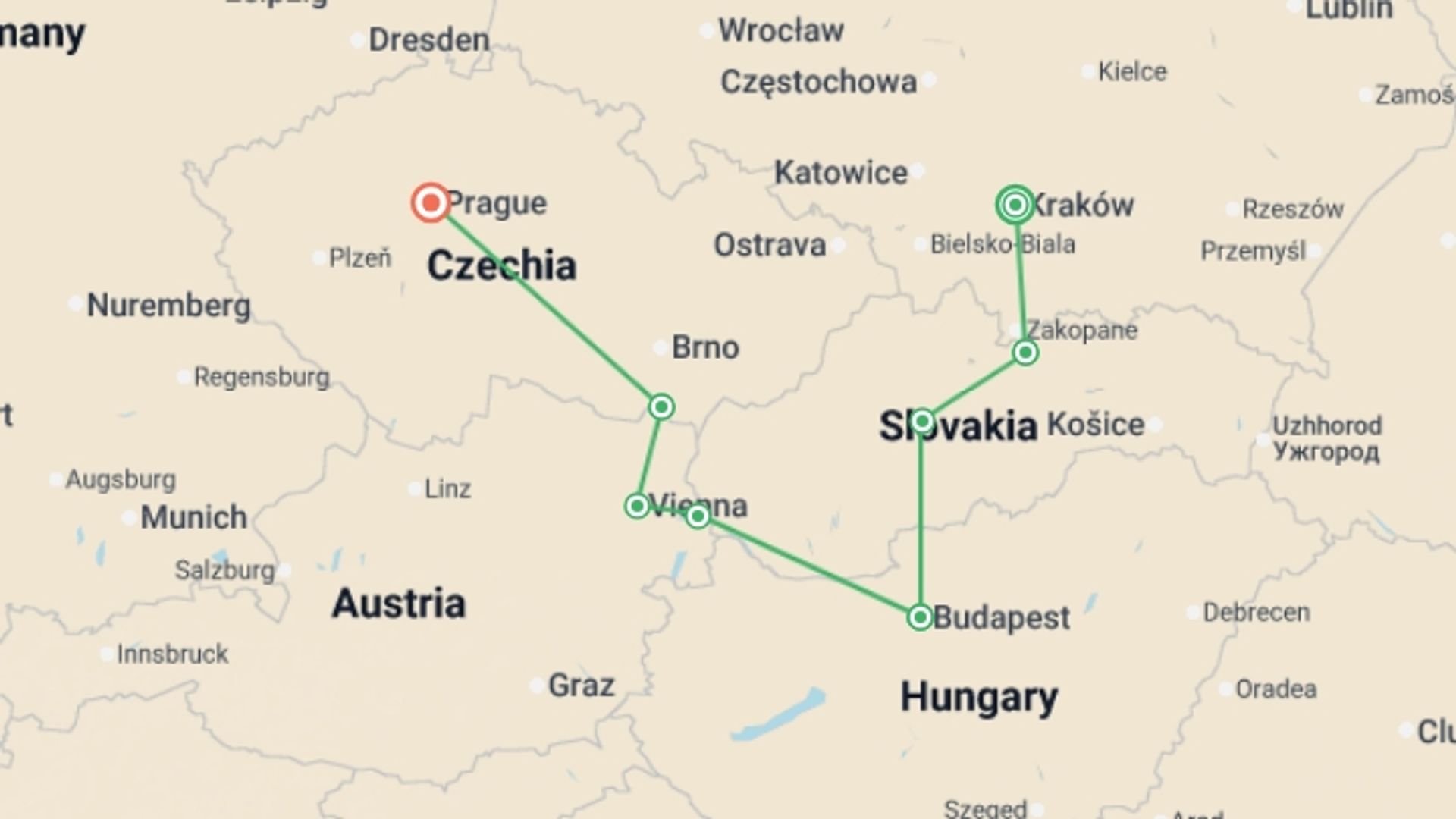 A map showing the tour itinerary for the trip: Highlights of Eastern Europe, starting in Krakow, Poland and ending in Prague, Czech Republic going through 5 other destinations.