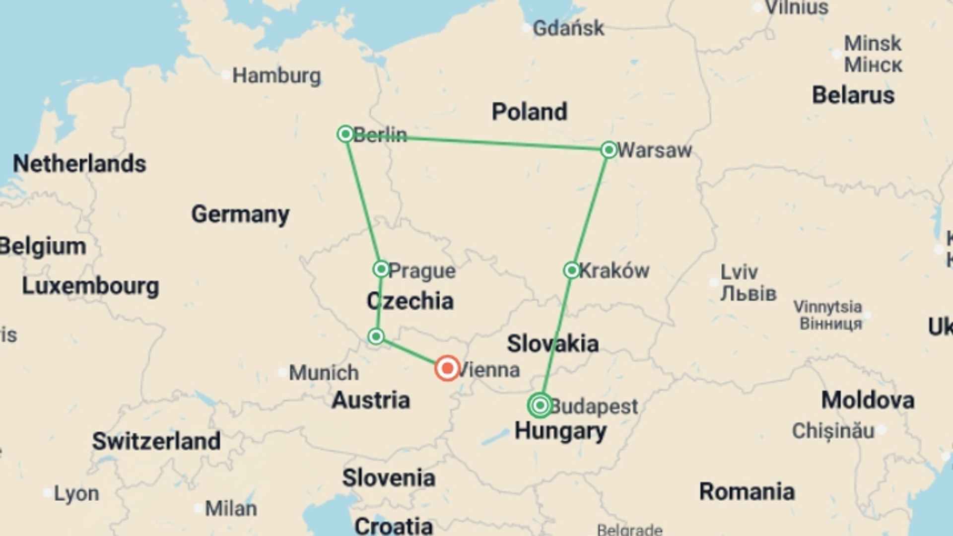 A map showing the tour itinerary for the trip: Highlights of Eastern Europe, starting in Budapest, Hungary and ending in Vienna, Austria going through 7 other destinations.