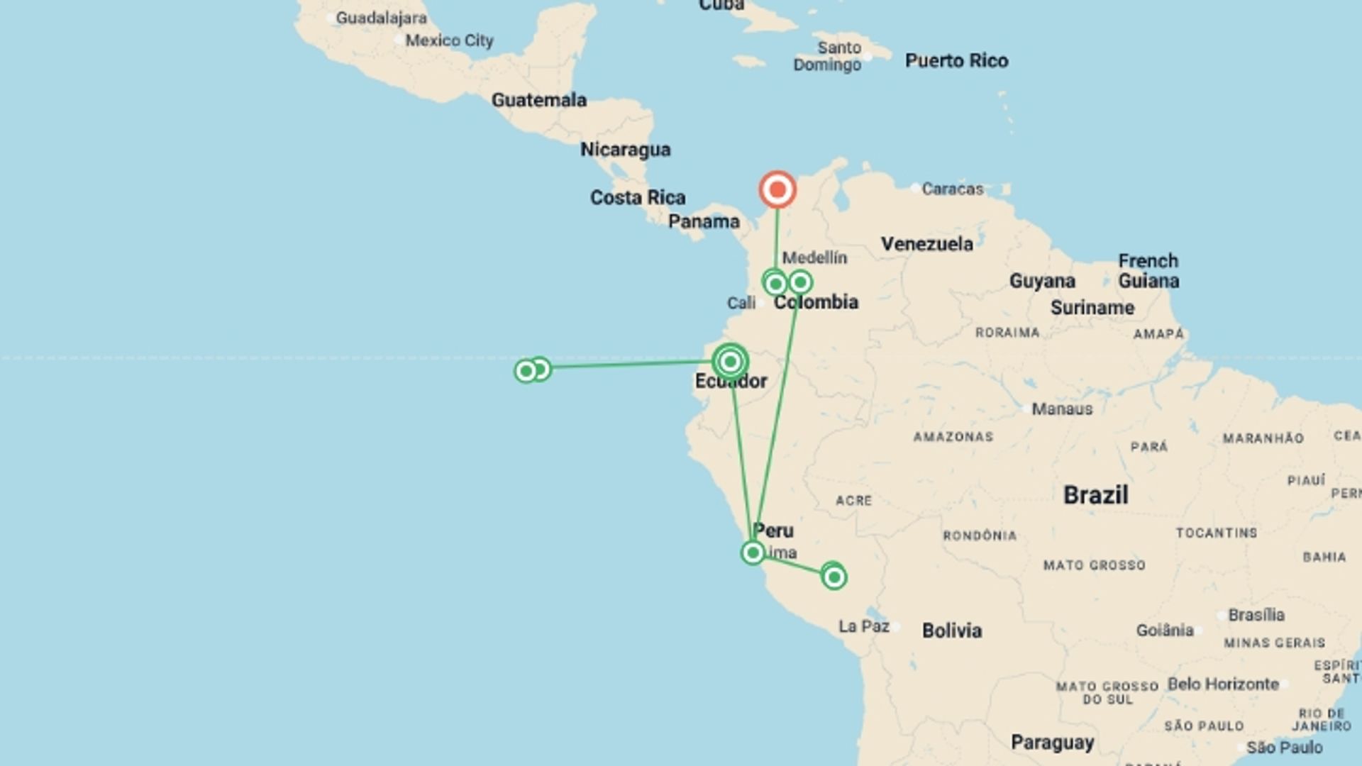 A map showing the tour itinerary for the trip: Highlights of Ecuador Peru and Colombia, starting in Quito, Ecuador and ending in Cartagena, Colombia going through 8 other destinations.