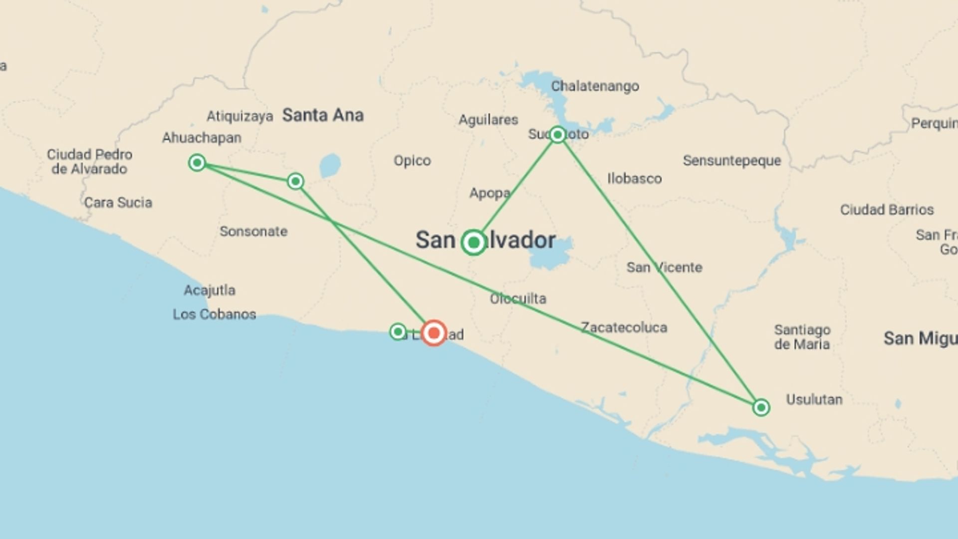 A map showing the tour itinerary for the trip: Highlights of El Salvador, starting in San Salvador, El Salvador and ending in El Salvador going through 1 other destinations.