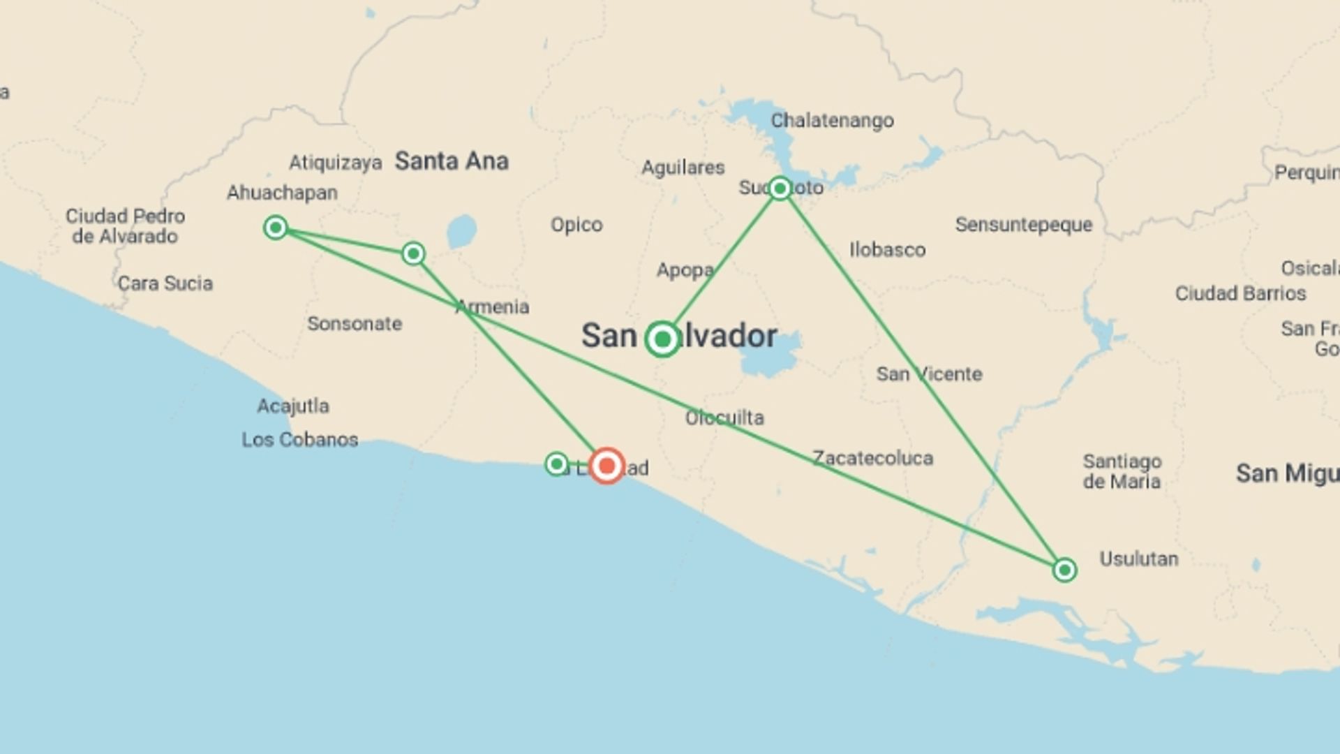 A map showing the tour itinerary for the trip: Highlights of El Salvador, starting in San Salvador, El Salvador and ending in El Salvador going through 1 other destinations.