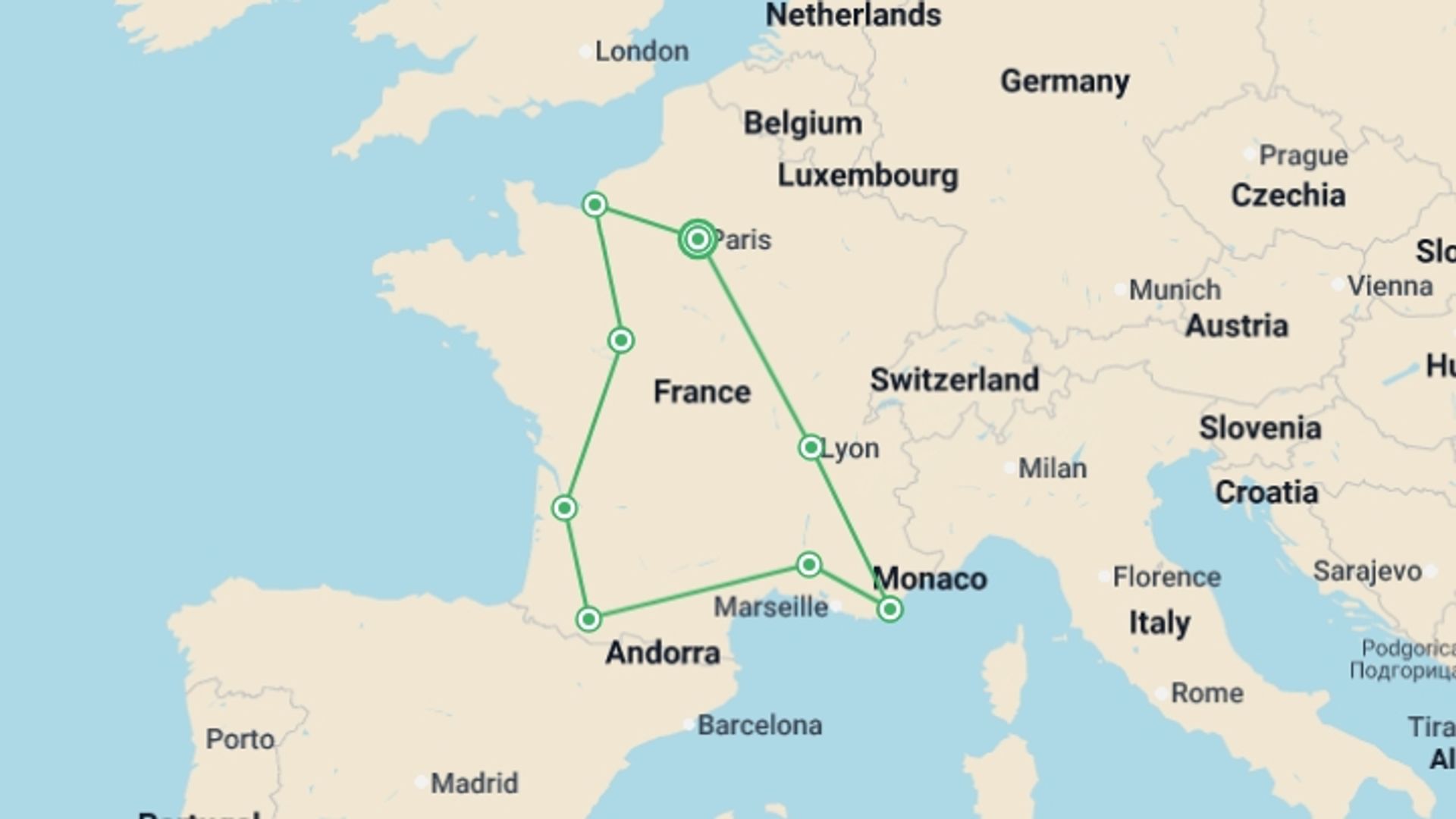 A map showing the tour itinerary for the trip: Highlights of France, starting in Paris, France and ending in Paris, France going through 7 other destinations.