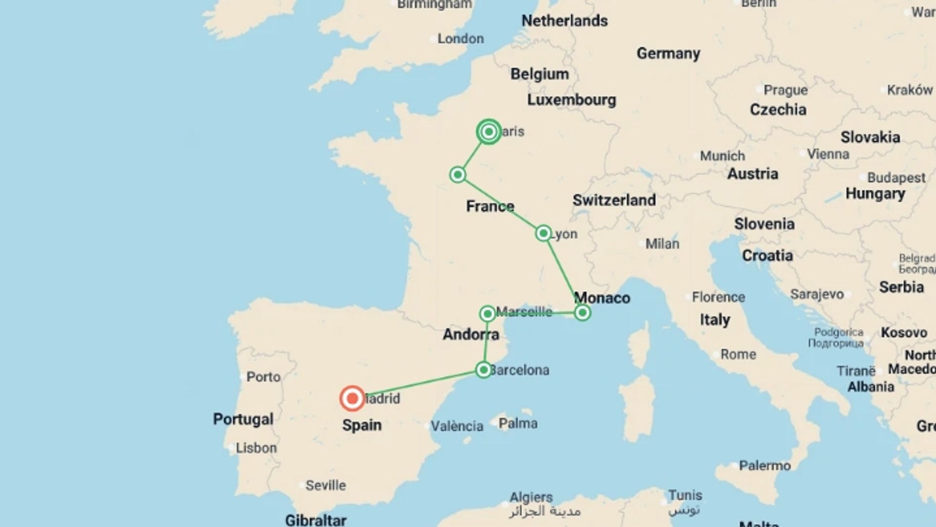 A map showing the tour itinerary for the trip: Highlights of France and Barcelona, starting in Paris, France and ending in Madrid, Spain going through 6 other destinations.