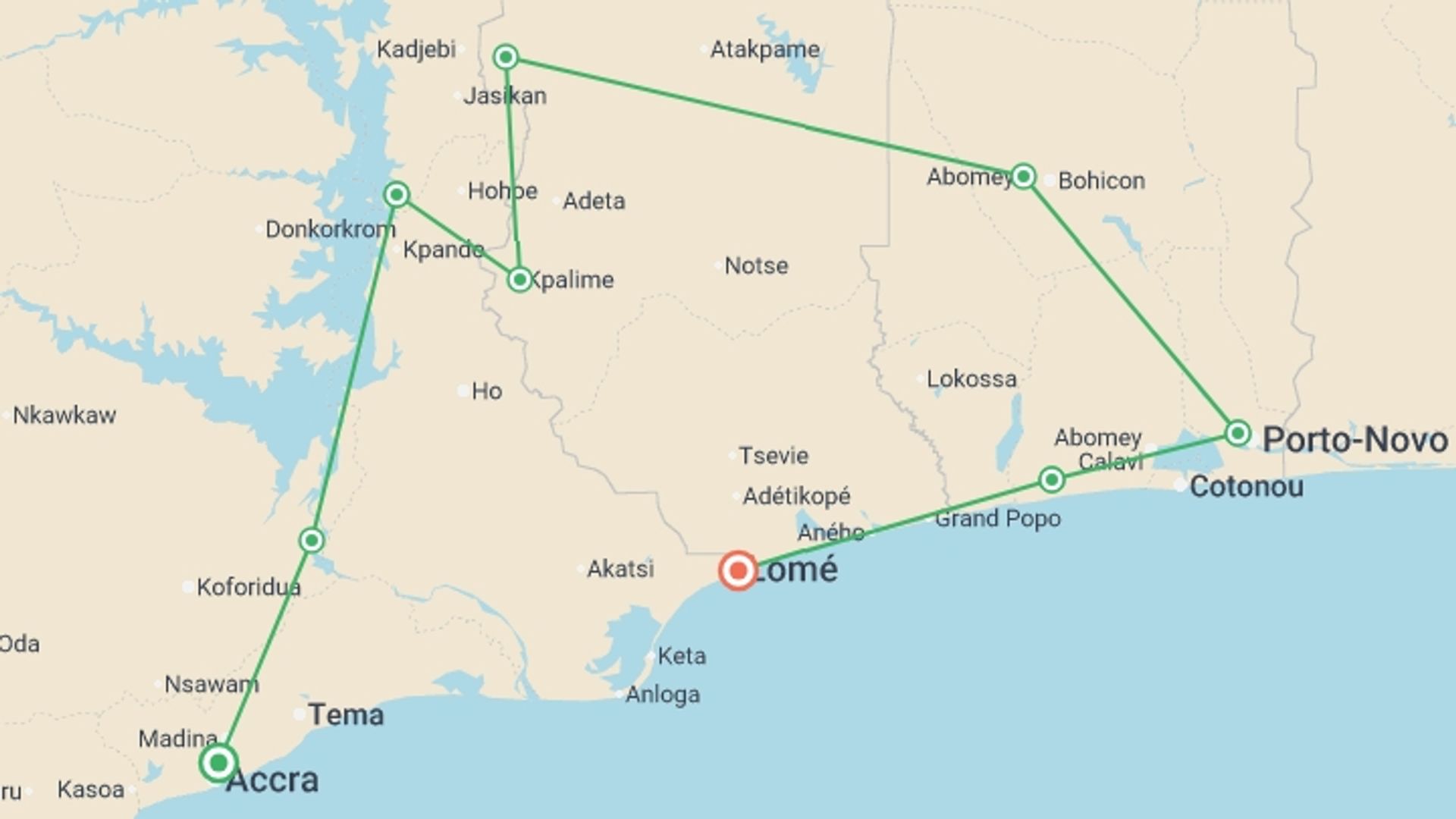 A map showing the tour itinerary for the trip: Highlights of Ghana, Togo and Benin, starting in Accra, Ghana and ending in Lomé, Togo going through 3 other destinations.
