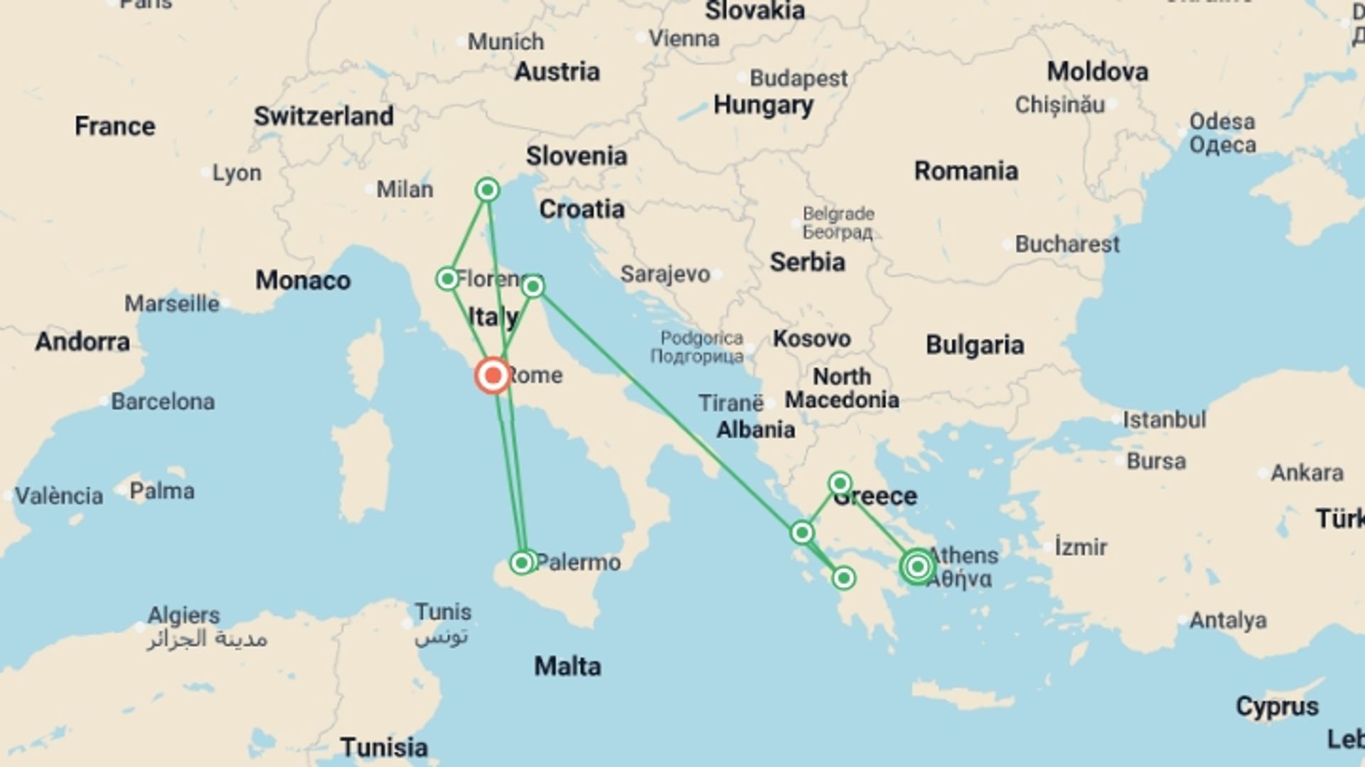 A map showing the tour itinerary for the trip: Highlights of Greece and Southern Italy, starting in Athens, Greece and ending in Rome, Italy going through 5 other destinations.