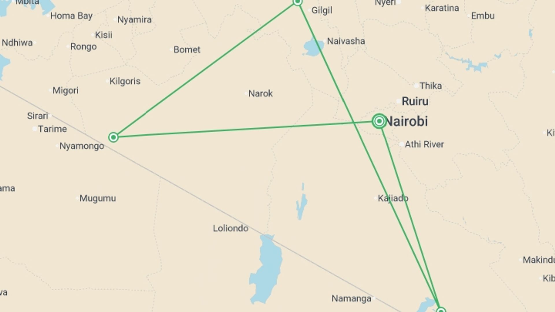 A map showing the tour itinerary for the trip: Highlights of Kenya, starting in Nairobi, Kenya and ending in Nairobi, Kenya going through 3 other destinations.