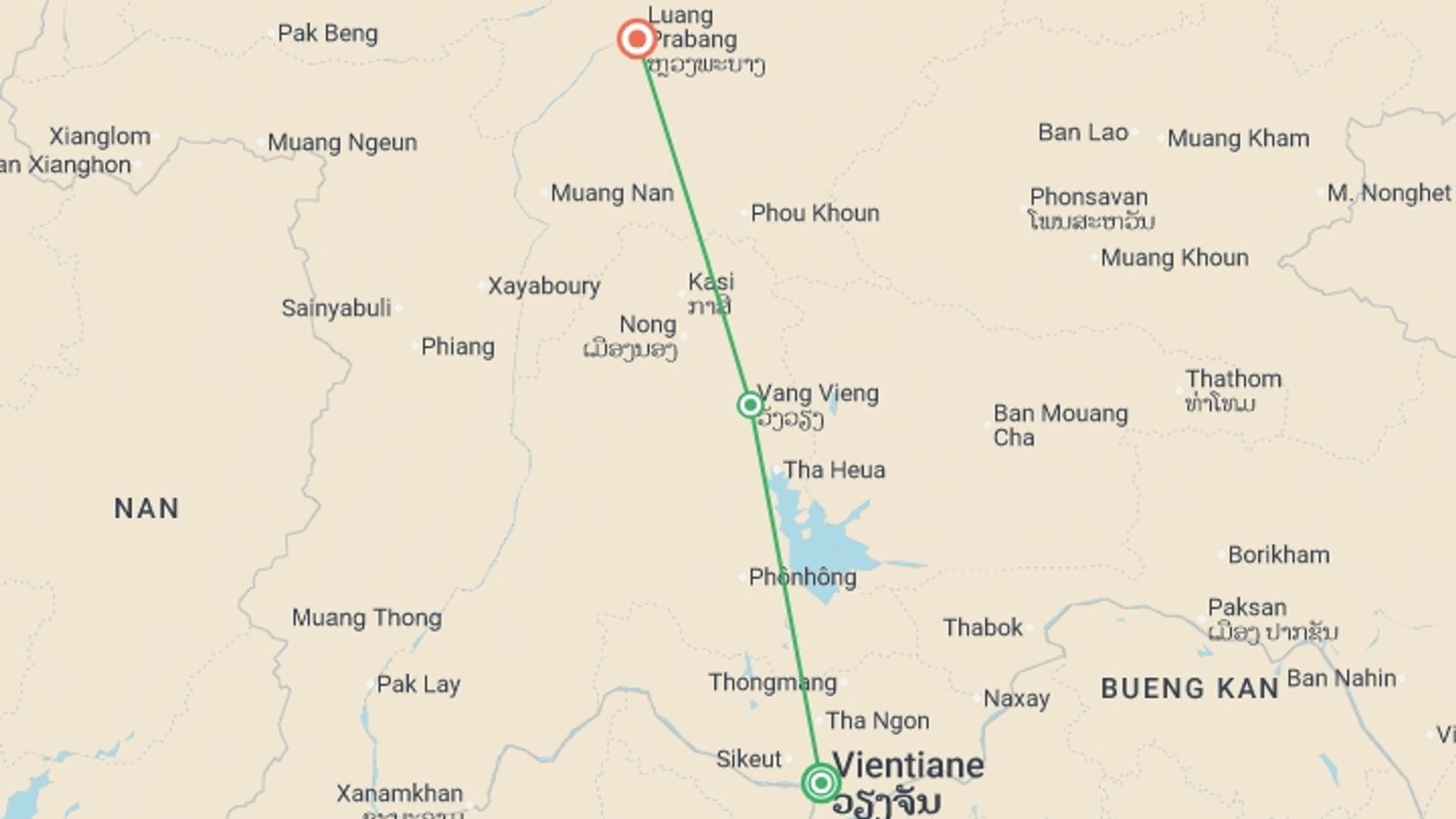 A map showing the tour itinerary for the trip: Highlights of Laos, starting in Vientiane, Laos and ending in Luang Prabang, Laos going through 3 other destinations.