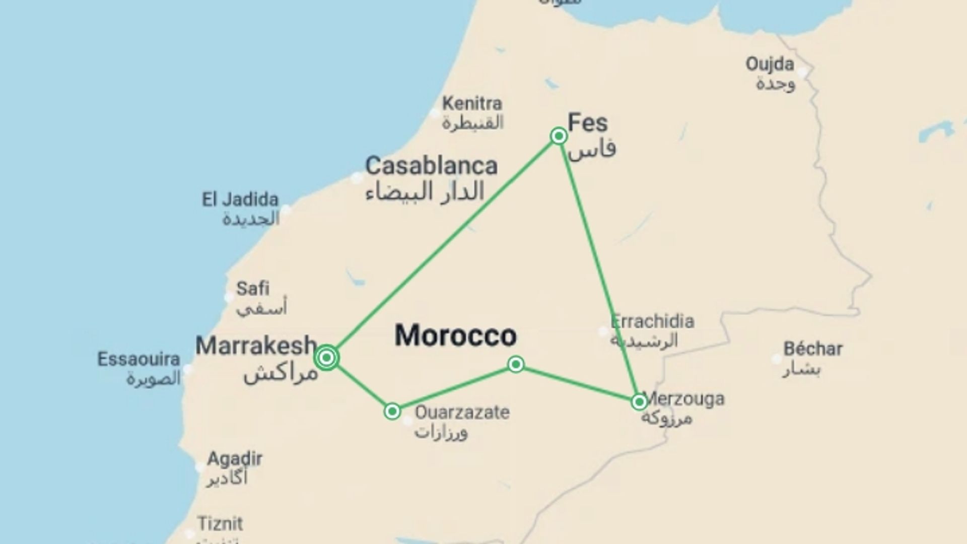 A map showing the tour itinerary for the trip: Highlights of Morocco, starting in Marrakech, Morocco and ending in Marrakech, Morocco going through 2 other destinations.