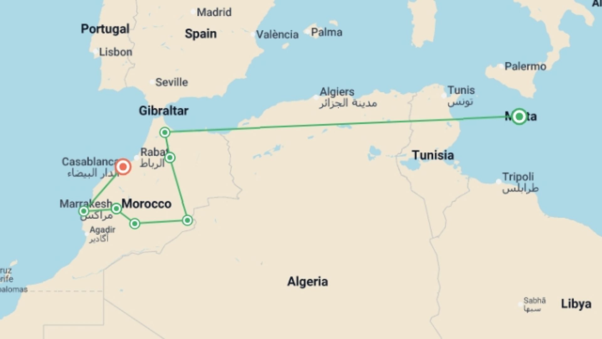 A map showing the tour itinerary for the trip: Highlights of Morocco with 4 Star Hotels and Desert Camp stay, starting in Casablanca, Morocco and ending in Casablanca, Morocco going through 6 other destinations.