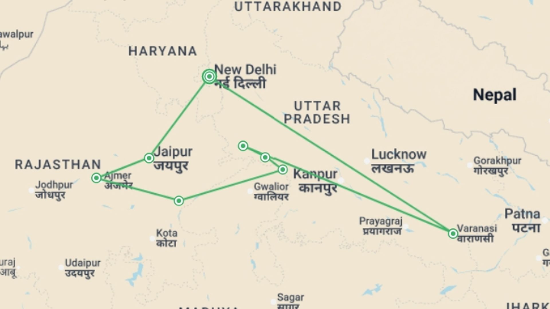 A map showing the tour itinerary for the trip: Highlights of Northern India, starting in New Delhi, India and ending in New Delhi, India going through 6 other destinations.