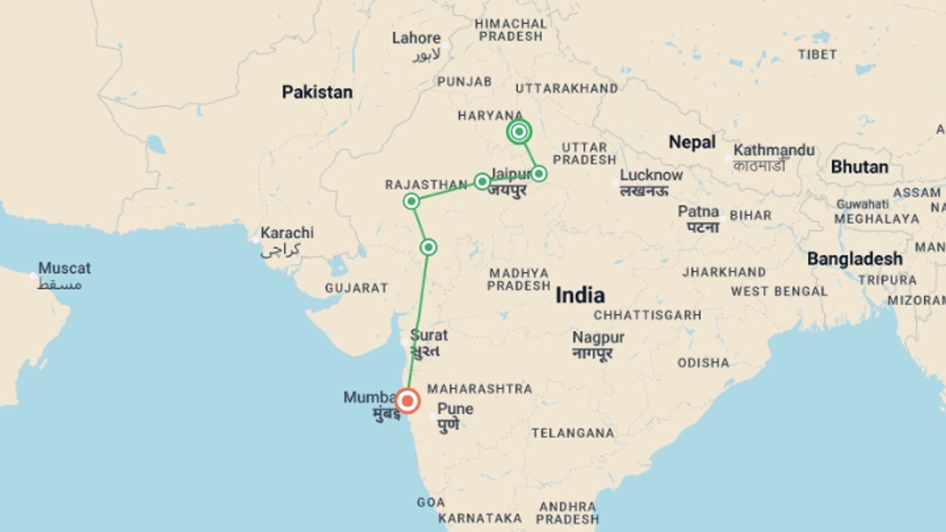 A map showing the tour itinerary for the trip: Highlights of Northern India, starting in New Delhi, India and ending in Mumbai, India going through 6 other destinations.