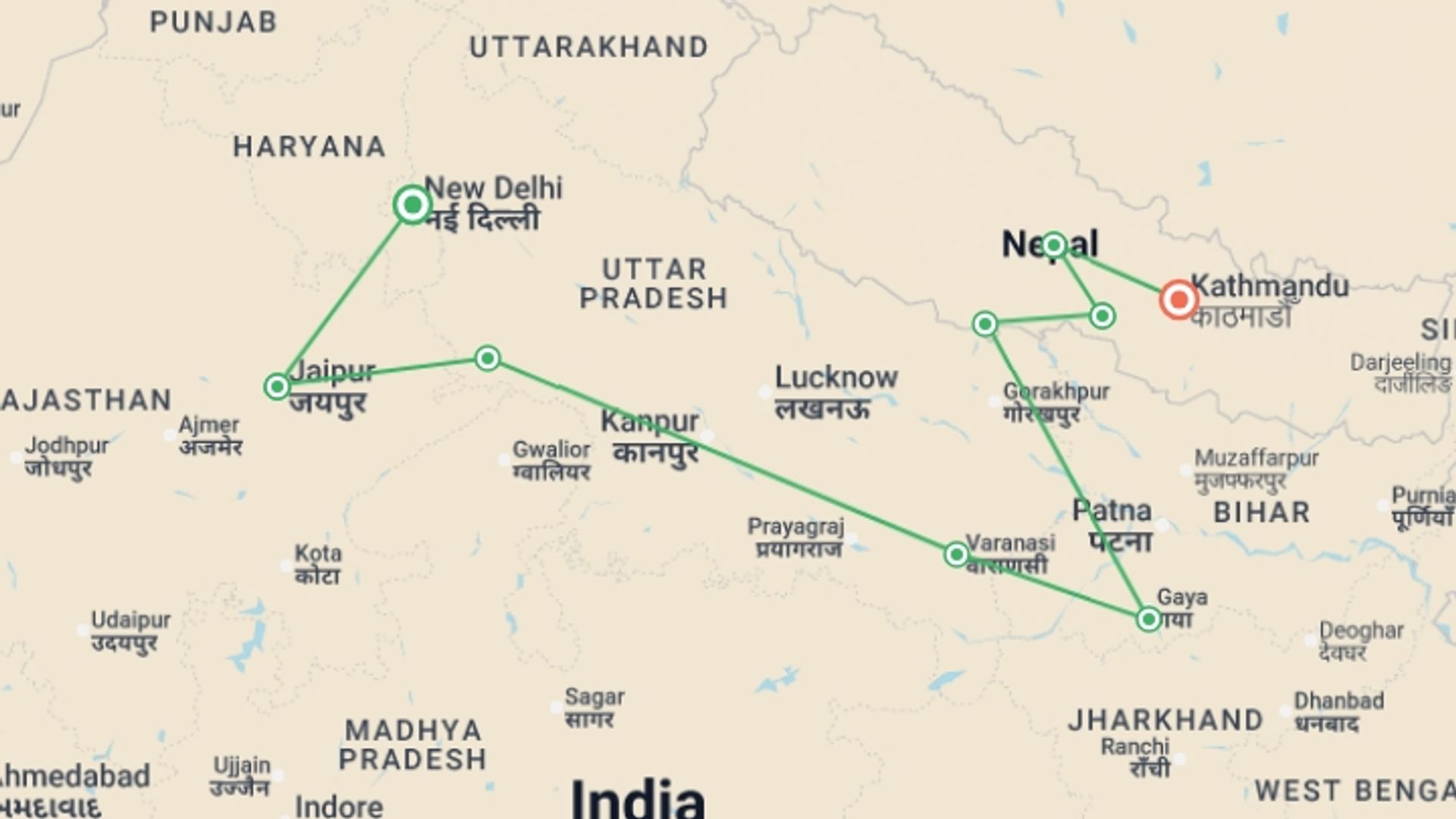 A map showing the tour itinerary for the trip: Highlights of Northern India & Nepal, starting in New Delhi, India and ending in Kathmandu, Nepal going through 8 other destinations.