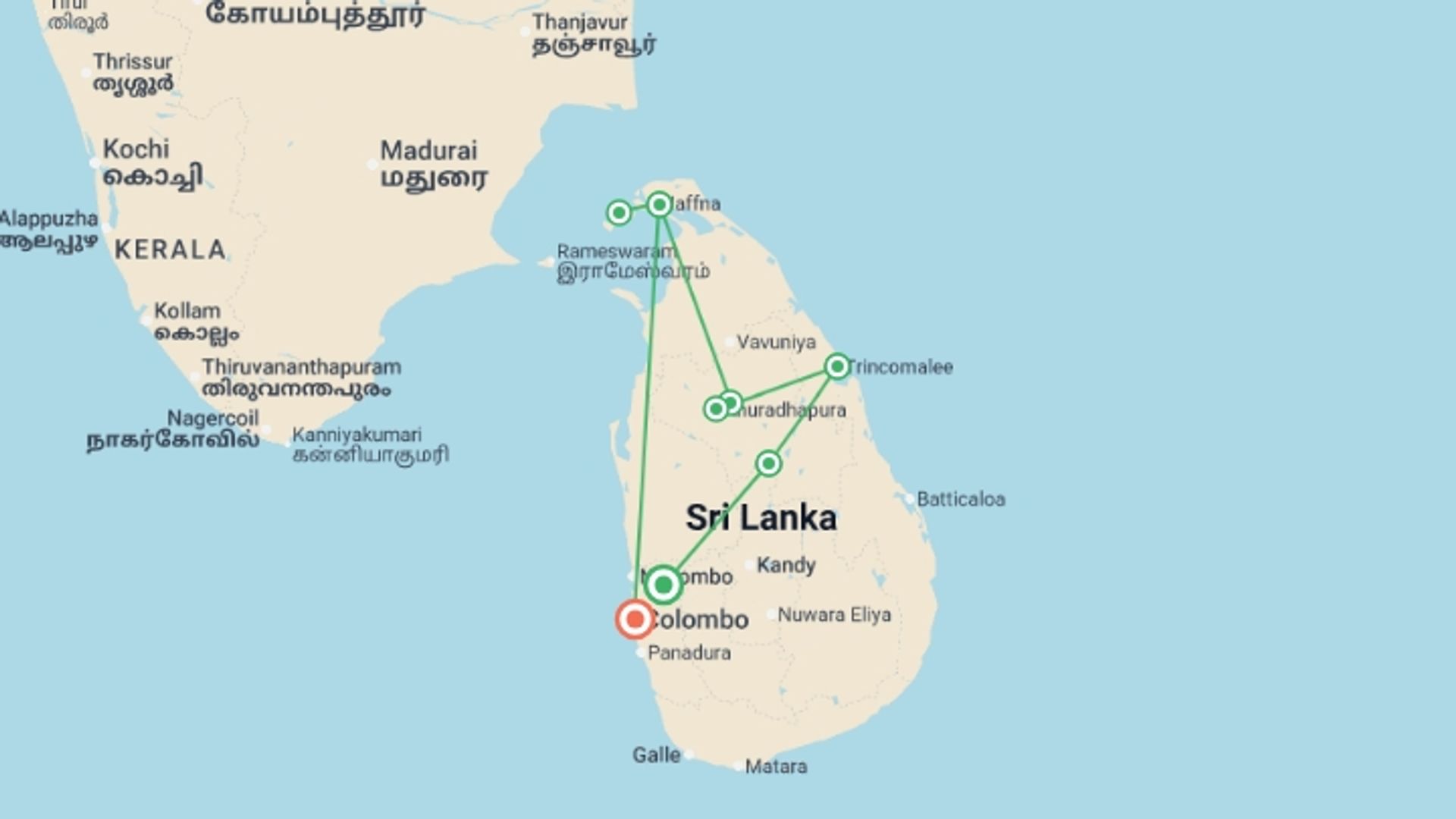 A map showing the tour itinerary for the trip: Highlights of Northern Sri Lanka, starting in Veyangoda, Sri Lanka and ending in Colombo, Sri Lanka going through 5 other destinations.