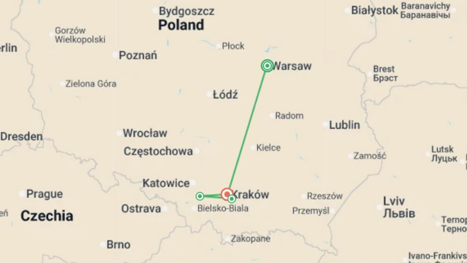 A map showing the tour itinerary for the trip: Highlights of Poland, starting in Warsaw, Poland and ending in Krakow, Poland going through 2 other destinations.