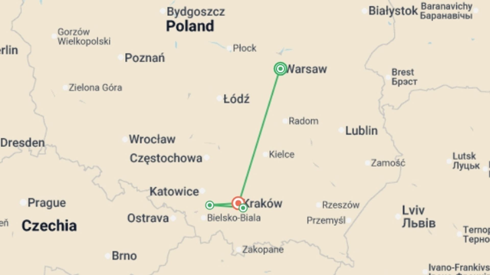 A map showing the tour itinerary for the trip: Highlights of Poland, starting in Warsaw, Poland and ending in Krakow, Poland going through 2 other destinations.