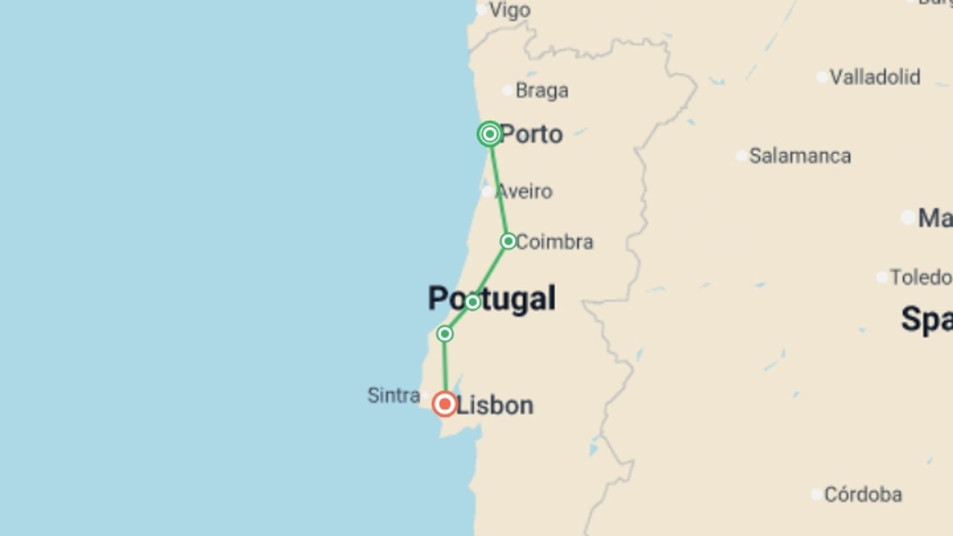 A map showing the tour itinerary for the trip: Highlights of Portugal, starting in Porto, Portugal and ending in Lisbon, Portugal going through 5 other destinations.