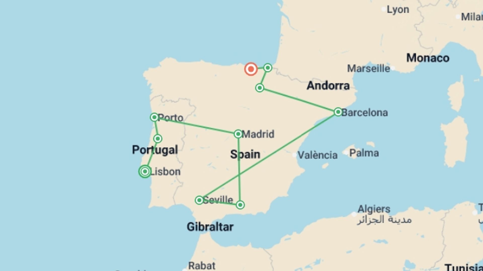 A map showing the tour itinerary for the trip: Highlights of Portugal & Spain, starting in Lisbon, Portugal and ending in Bilbao, Spain going through 10 other destinations.