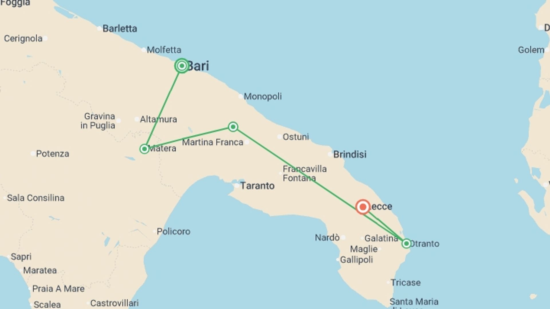 A map showing the tour itinerary for the trip: Highlights of Puglia, starting in Bari, Italy and ending in Lecce, Italy going through 5 other destinations.