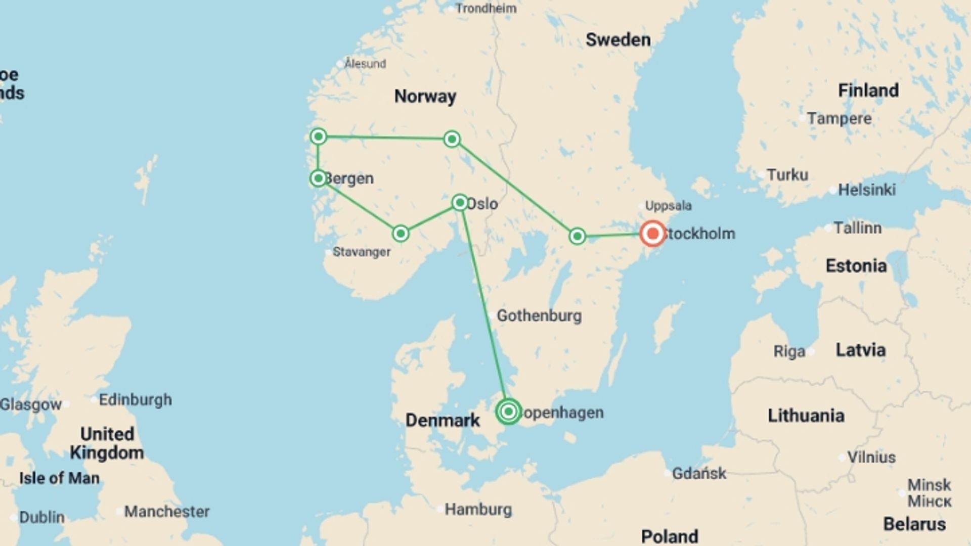 A map showing the tour itinerary for the trip: Highlights of Scandinavia, starting in Copenhagen, Denmark and ending in Stockholm, Sweden going through 5 other destinations.