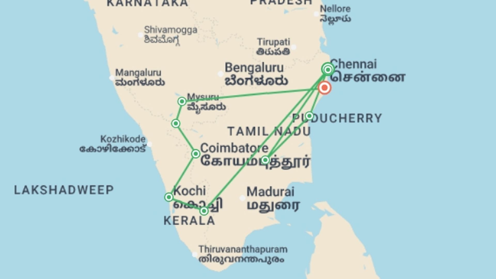A map showing the tour itinerary for the trip: Highlights of Southern India, starting in Chennai, India and ending in Mamallapuram, India going through 4 other destinations.