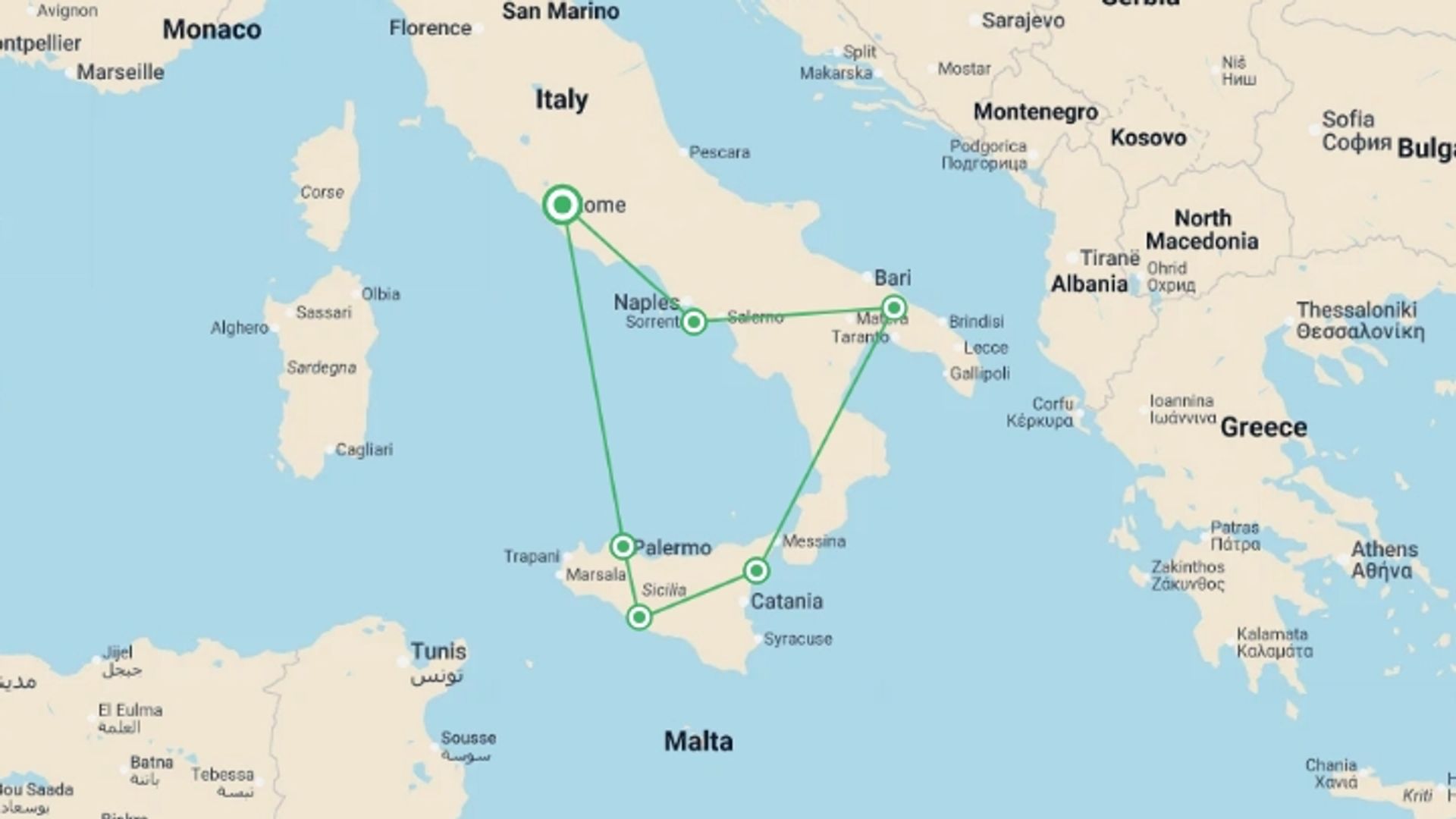 A map showing the tour itinerary for the trip: Highlights of Southern Italy & Sicily, starting in Rome, Italy and ending in Rome, Italy going through 6 other destinations.