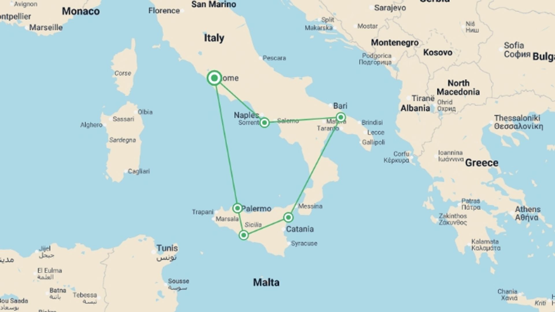 A map showing the tour itinerary for the trip: Highlights of Southern Italy & Sicily, starting in Rome, Italy and ending in Rome, Italy going through 6 other destinations.
