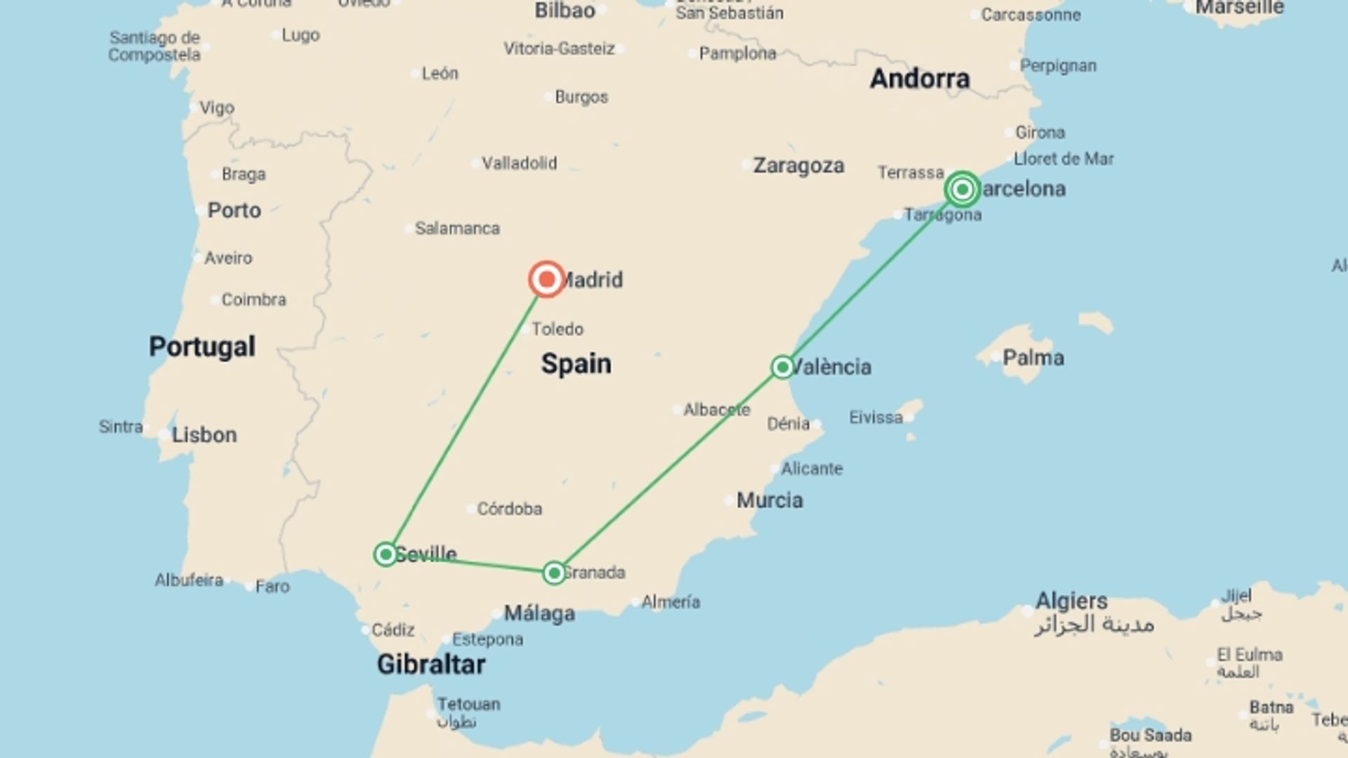 A map showing the tour itinerary for the trip: Highlights of Spain, starting in Barcelona, Spain and ending in Madrid, Spain going through 5 other destinations.