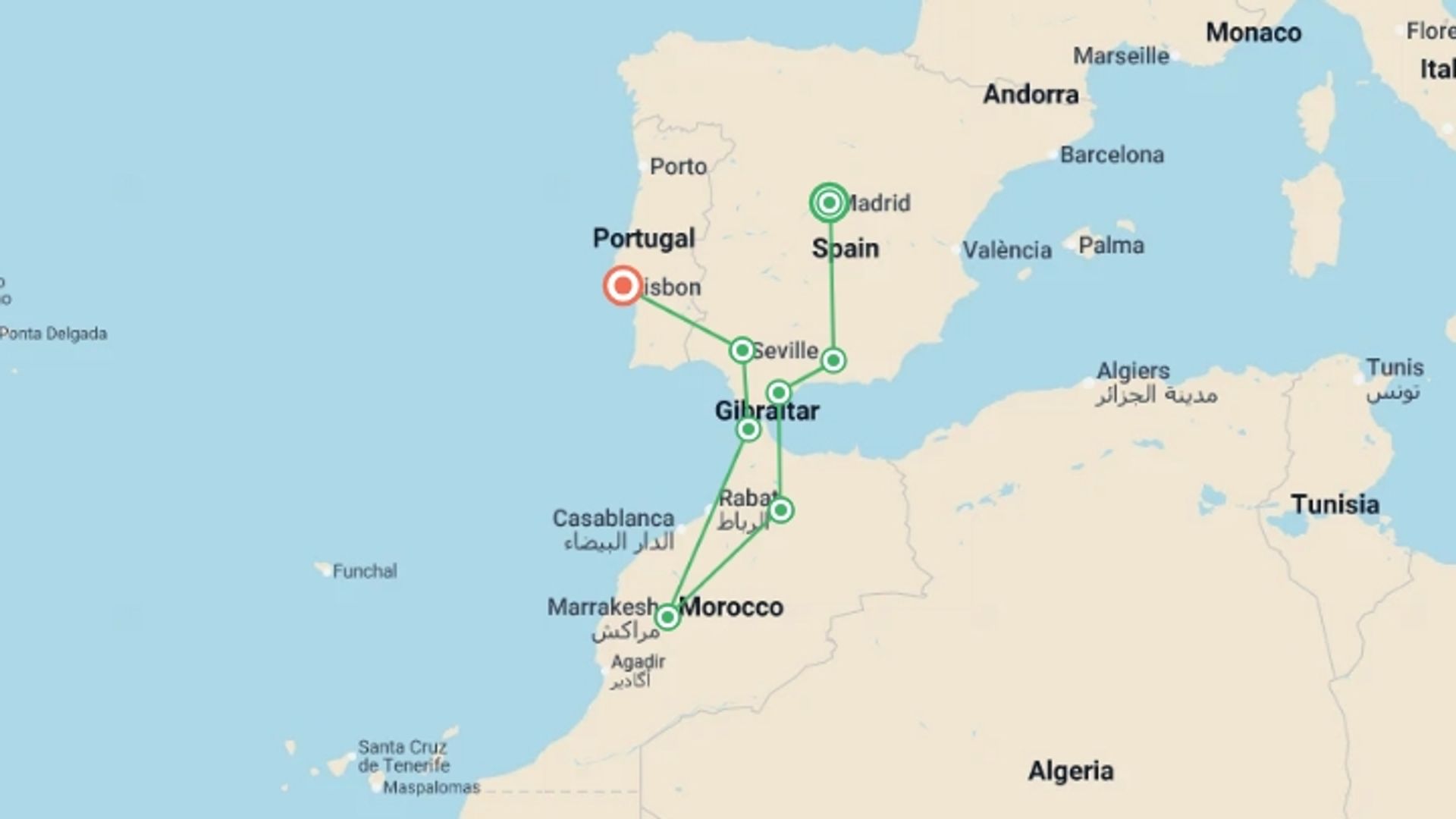 A map showing the tour itinerary for the trip: Highlights of Spain, Morocco and Portugal, starting in Madrid, Spain and ending in Madrid, Spain going through 7 other destinations.