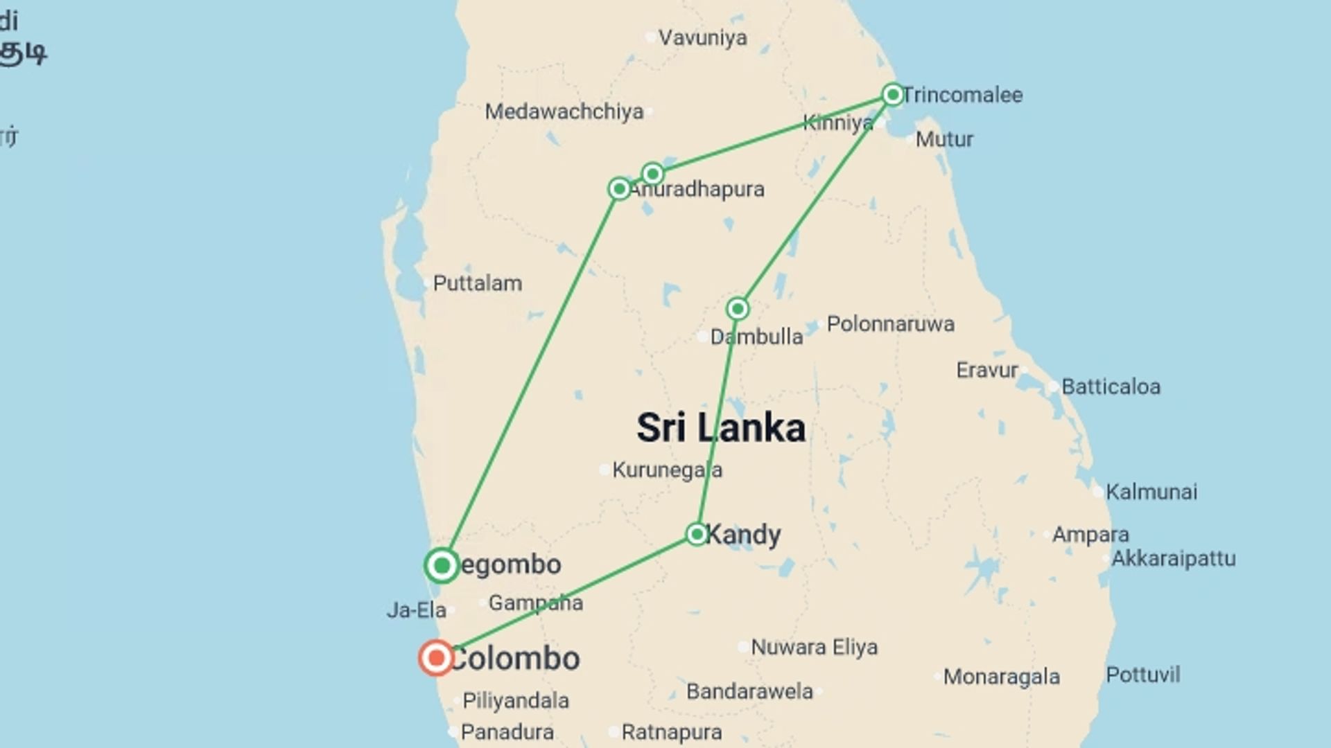 A map showing the tour itinerary for the trip: Highlights of Sri Lanka, starting in Negombo, Sri Lanka and ending in Colombo, Sri Lanka going through 5 other destinations.