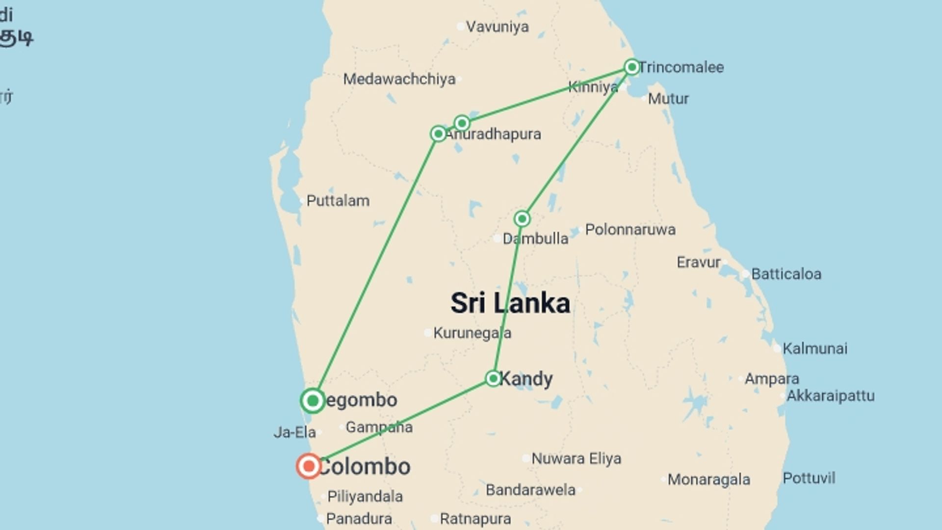 A map showing the tour itinerary for the trip: Highlights of Sri Lanka, starting in Negombo, Sri Lanka and ending in Colombo, Sri Lanka going through 5 other destinations.