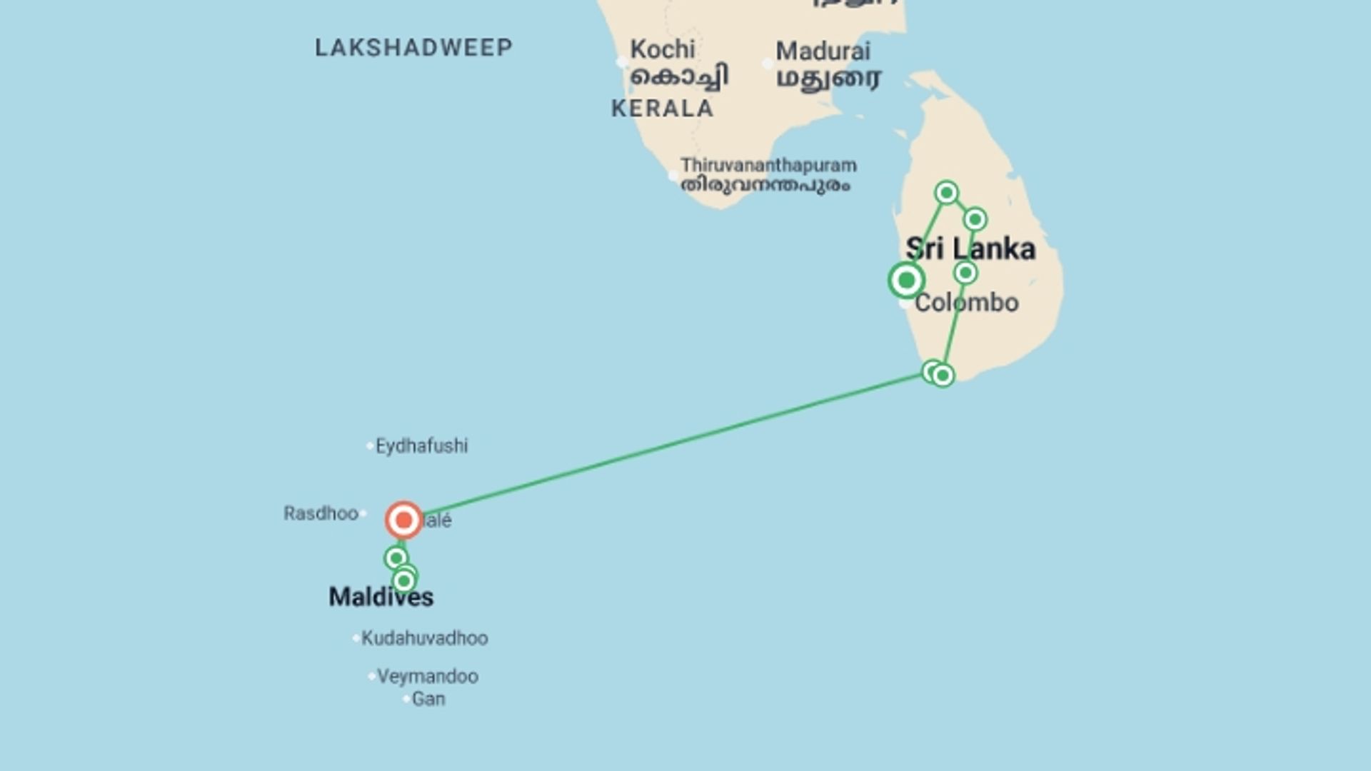 A map showing the tour itinerary for the trip: Highlights of Sri Lanka + Maldive Dhoni Cruise, starting in Negombo, Sri Lanka and ending in Male, Maldives going through 7 other destinations.