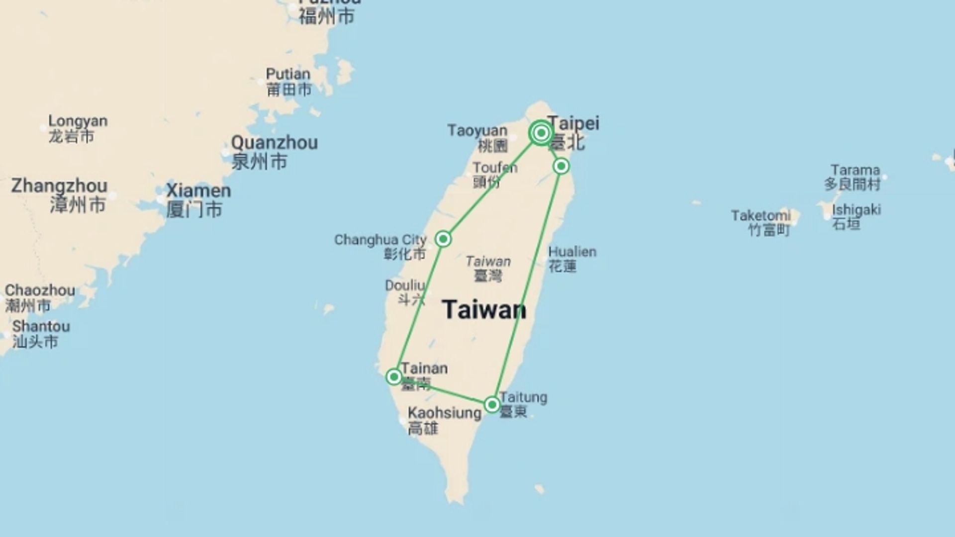 A map showing the tour itinerary for the trip: Highlights of Taiwan (5 star) - 7 days, starting in Taipei, Taiwan and ending in Taipei, Taiwan going through 1 other destinations.