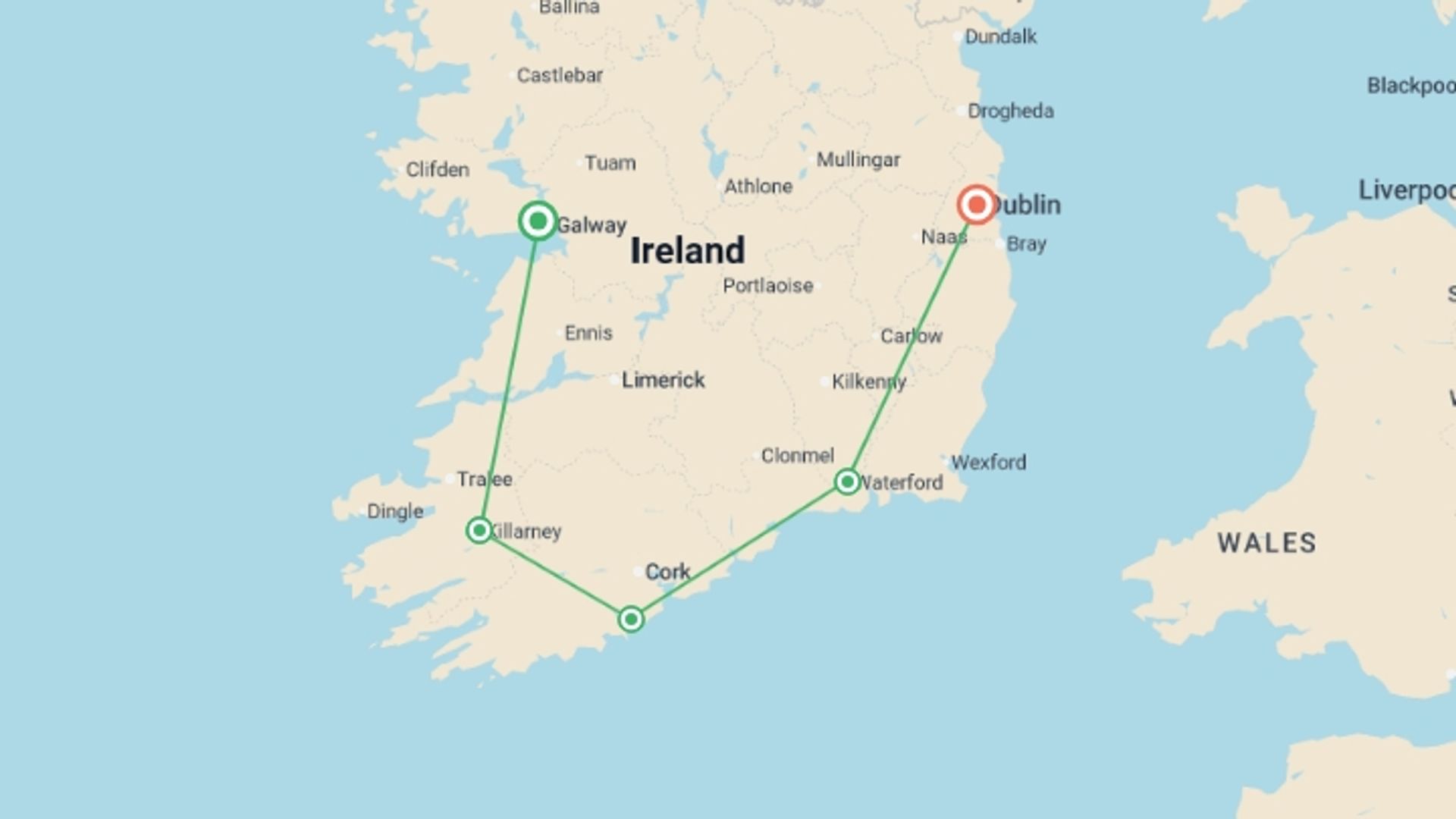 A map showing the tour itinerary for the trip: Highlights of the Republic - 9 days, starting in Dublin, Ireland and ending in Dublin, Ireland going through 3 other destinations.