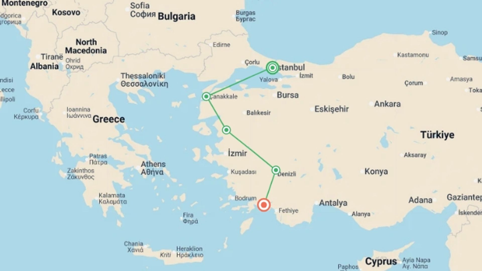 A map showing the tour itinerary for the trip: Highlights of Turkey, starting in Istanbul, Turkey and ending in Dalyan, Turkey going through 4 other destinations.
