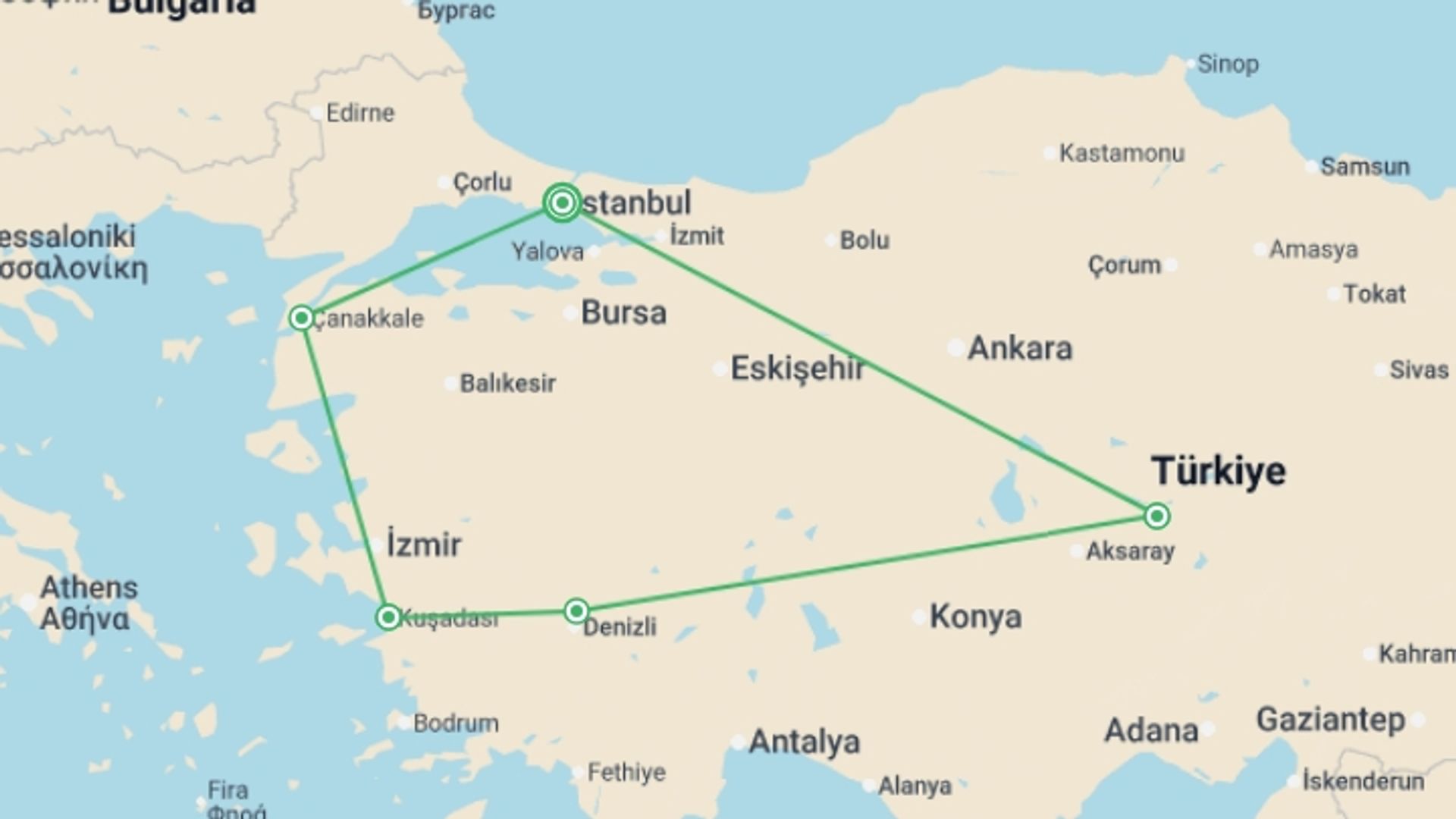 A map showing the tour itinerary for the trip: Highlights of Turkey, starting in Istanbul, Turkey and ending in Istanbul, Turkey going through 7 other destinations.