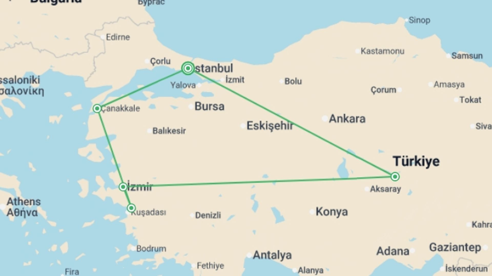 A map showing the tour itinerary for the trip: Highlights of Turkey, starting in Istanbul, Turkey and ending in Istanbul, Turkey going through 5 other destinations.