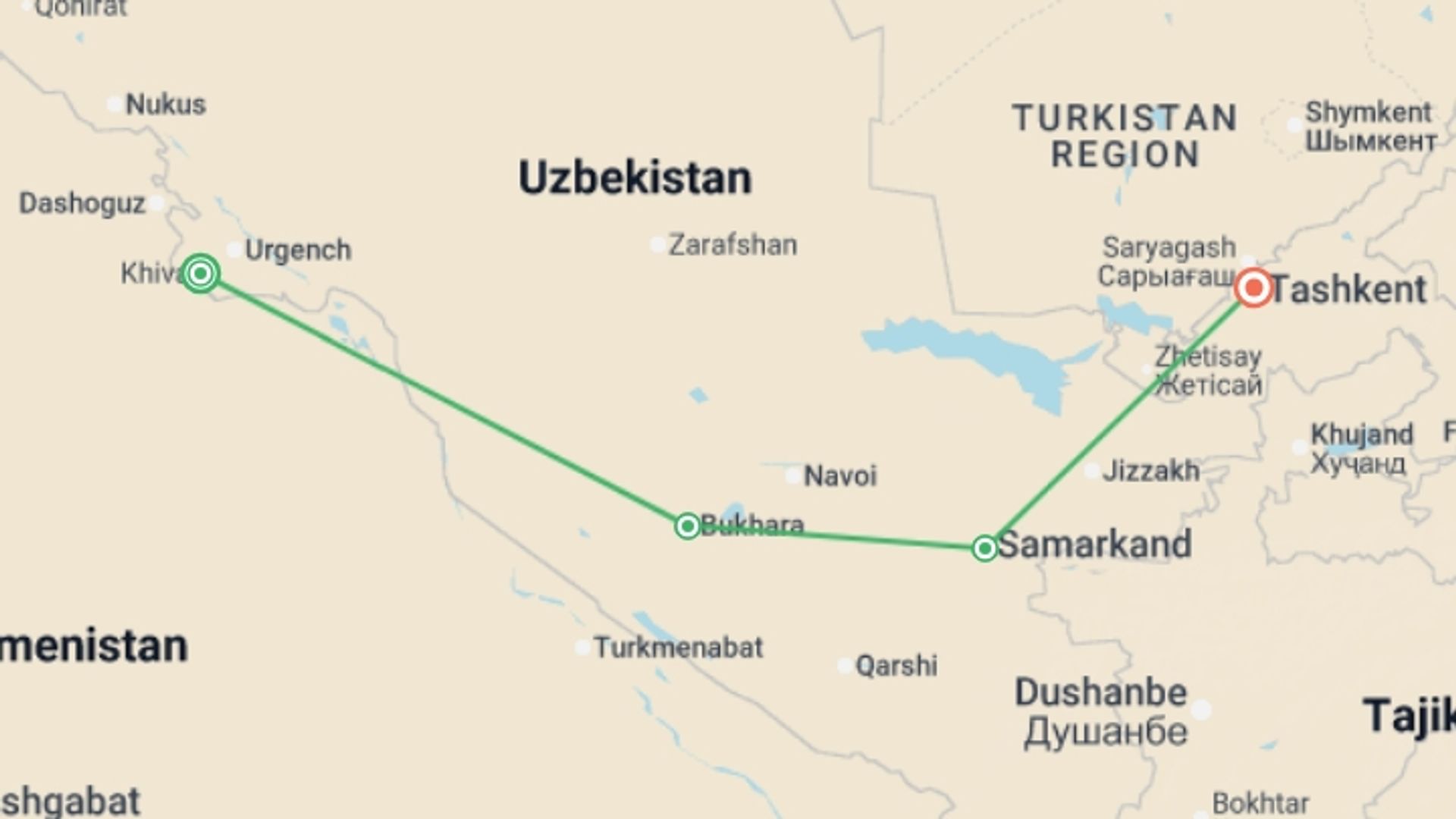A map showing the tour itinerary for the trip: Highlights of Uzbekistan, starting in Uzbekistan and ending in Tashkent, Uzbekistan going through 3 other destinations.