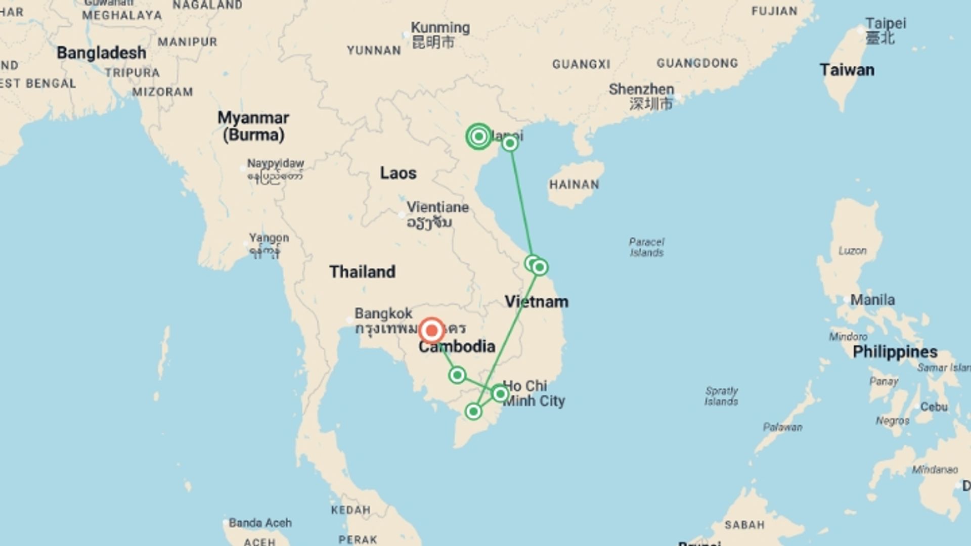 A map showing the tour itinerary for the trip: Highlights of Vietnam and Cambodia, starting in Hanoi, Vietnam and ending in Siem Reap, Cambodia going through 7 other destinations.