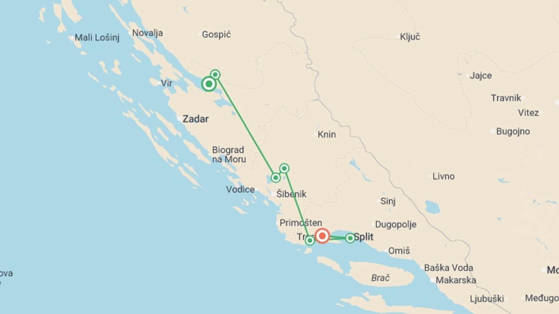 A map showing the tour itinerary for the trip: Hike, Bike & Paddle Croatia, starting in Starigrad Paklenica, Croatia and ending in Trogir, Croatia going through 4 other destinations.