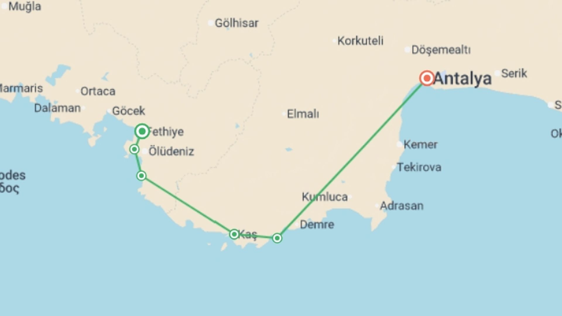 A map showing the tour itinerary for the trip: Hike Turkey’s Lycian Way, starting in Fethiye, Turkey and ending in Antalya, Turkey going through 5 other destinations.