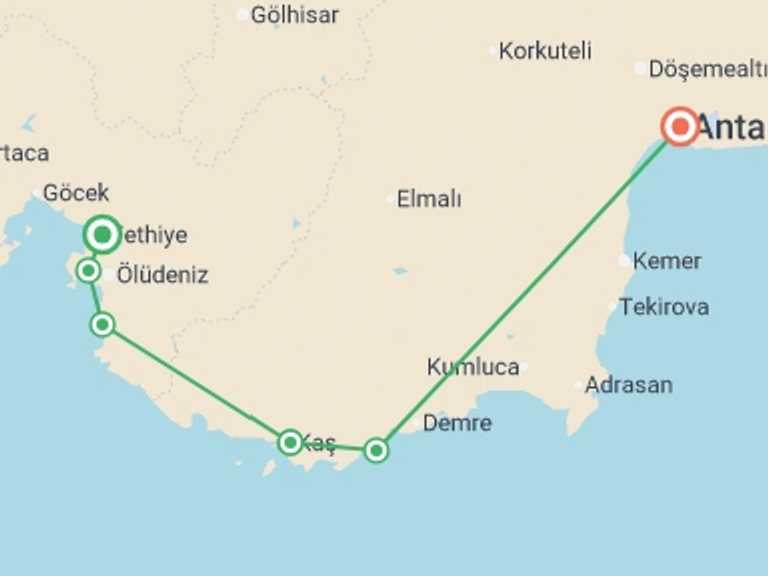 Map of a Trekking and Hiking Tour with 5 destination visits for the trip: Hike Turkey’s Lycian Way