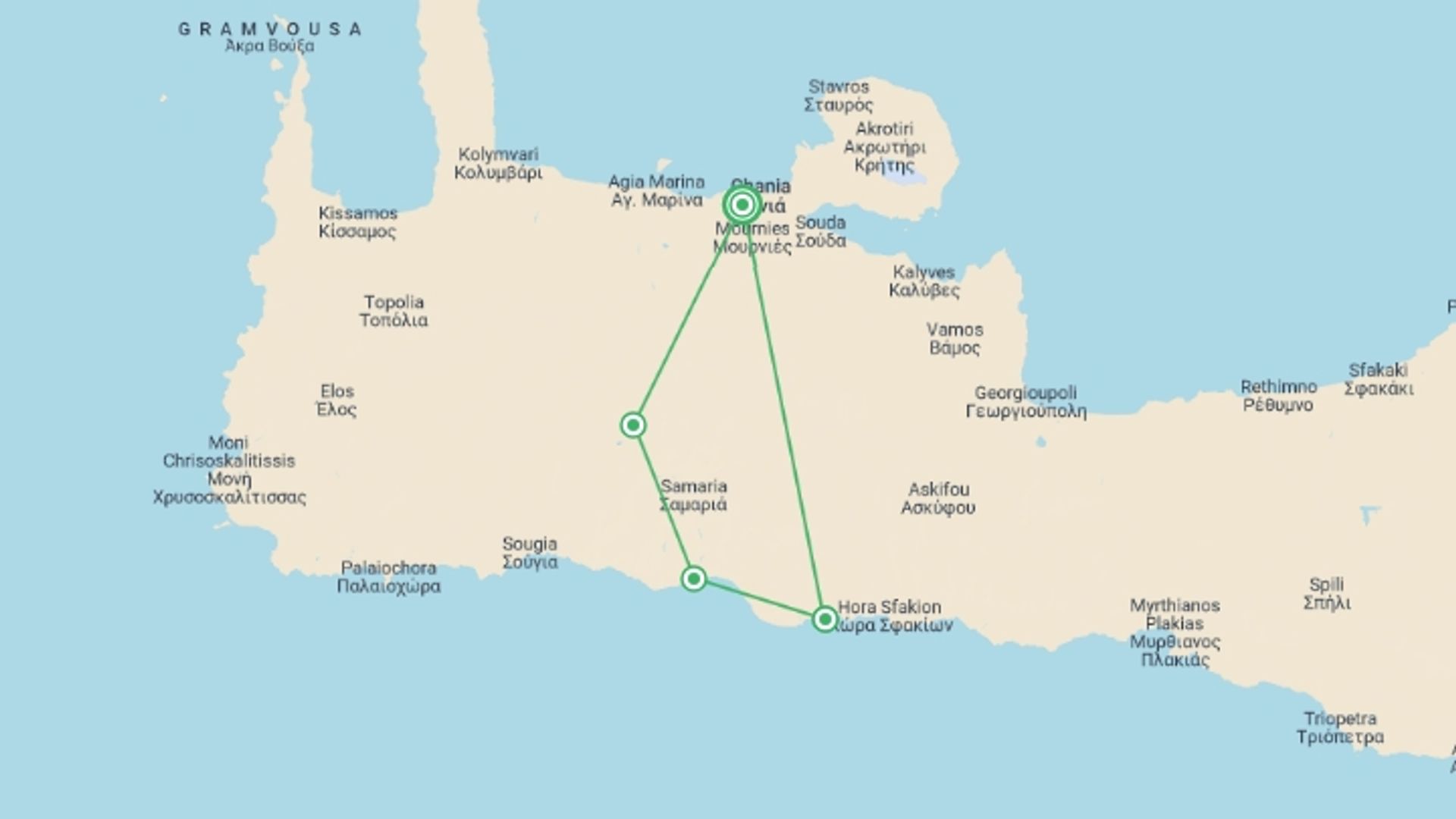 A map showing the tour itinerary for the trip: Hiking Crete: Gorges & Coastal Walks, starting in Chania, Greece and ending in Chania, Greece going through 1 other destinations.