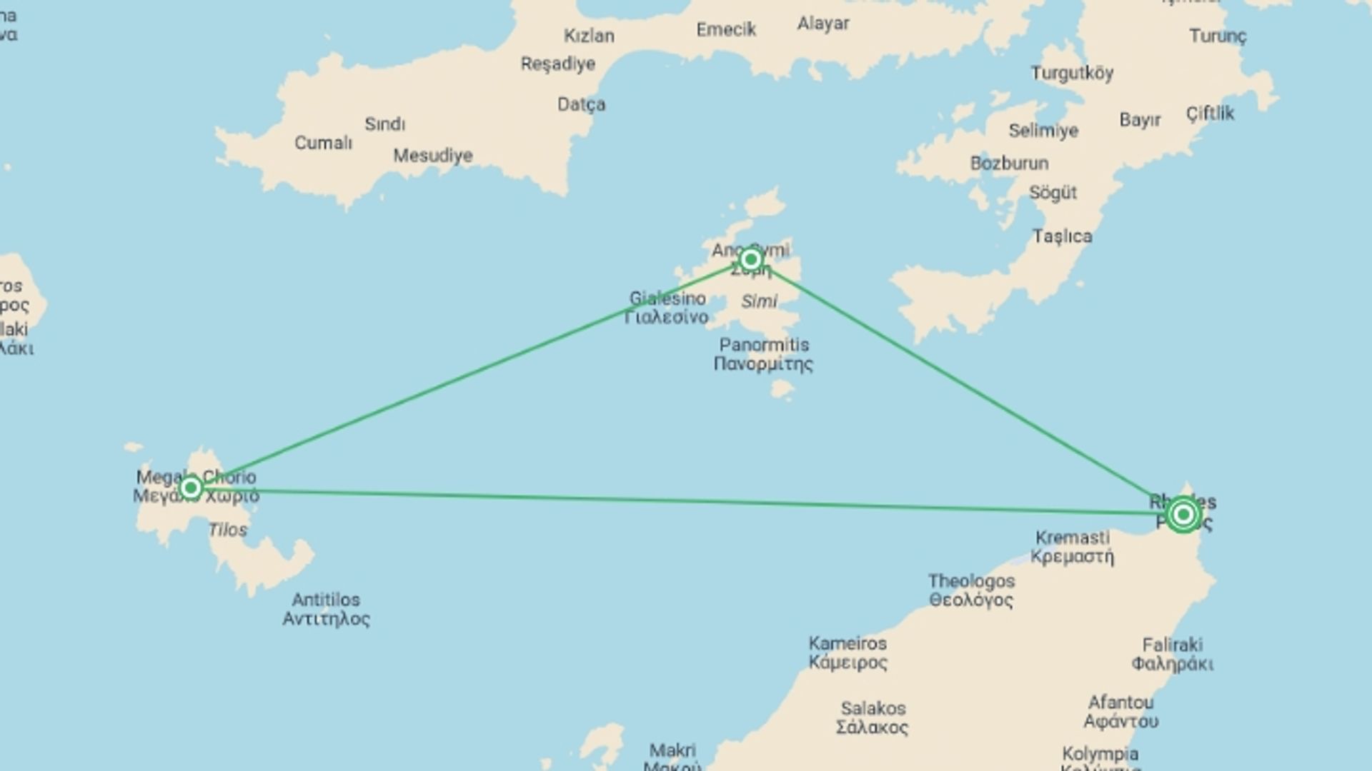 A map showing the tour itinerary for the trip: Hiking Greece's Dodecanese Islands, starting in Rhodes, Greece and ending in Rhodes, Greece going through 1 other destinations.