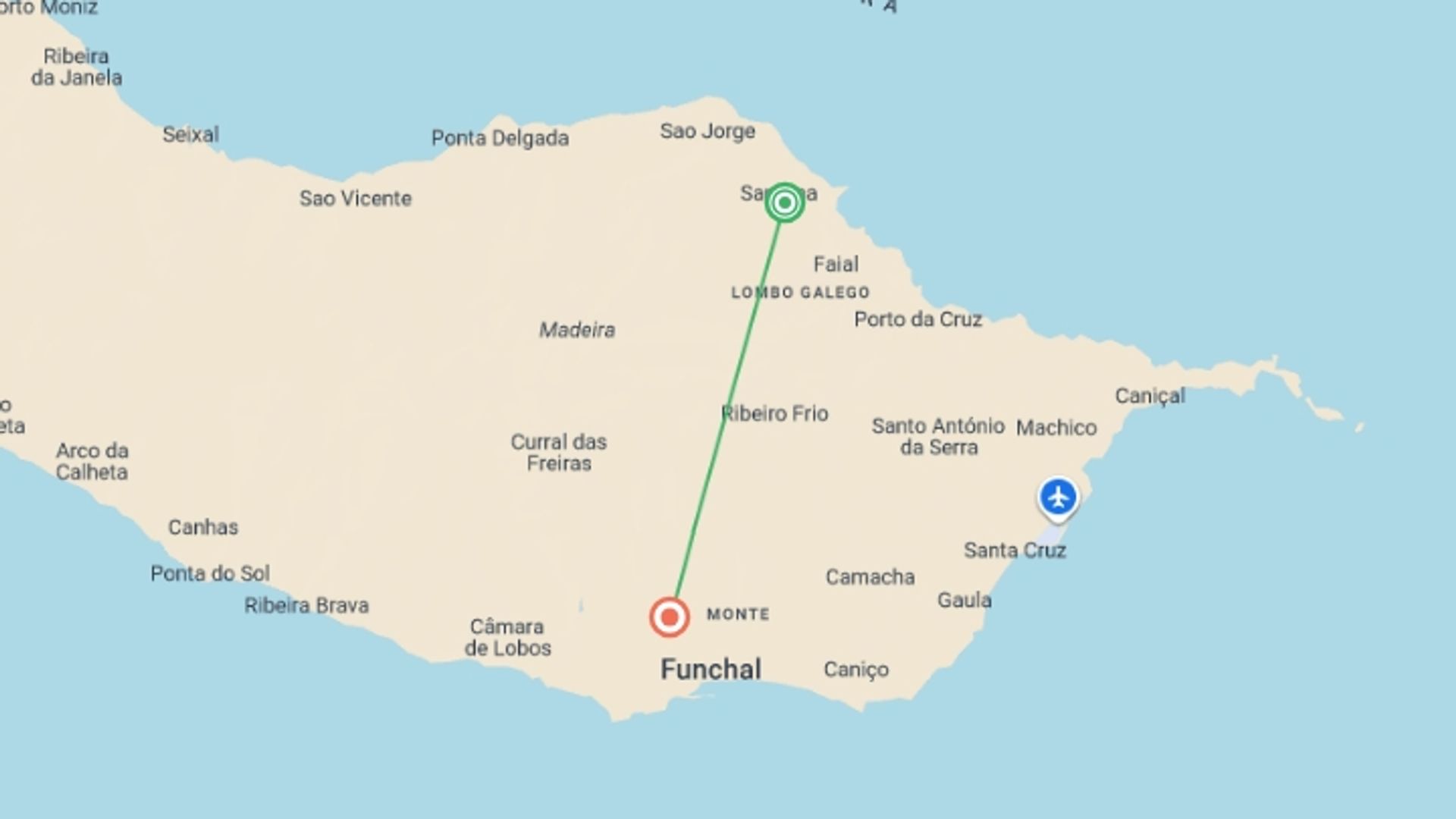 A map showing the tour itinerary for the trip: Hiking in Madeira, starting in Madeira, Portugal and ending in Funchal, Portugal going through 3 other destinations.