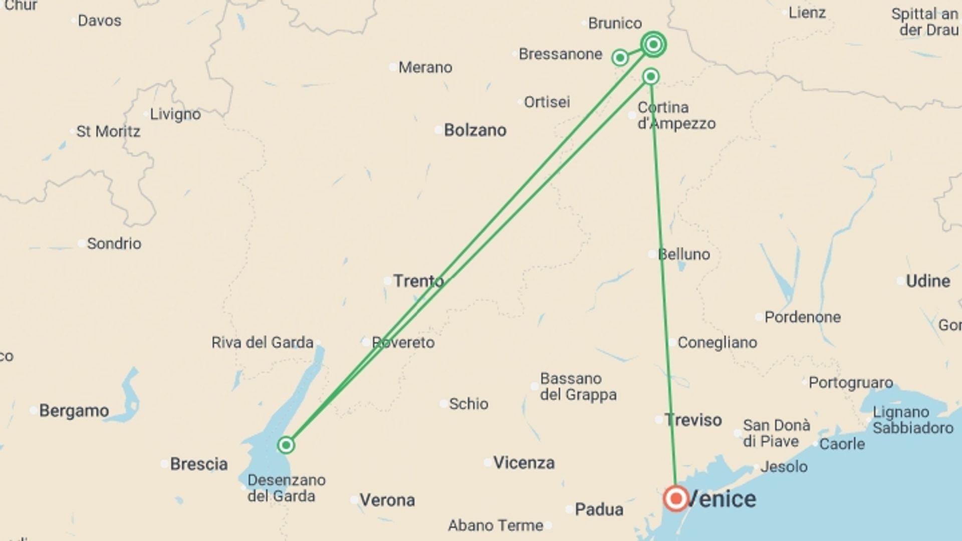 A map showing the tour itinerary for the trip: Hiking in the Dolomites, starting in Venice, Italy and ending in Venice, Italy going through 1 other destinations.