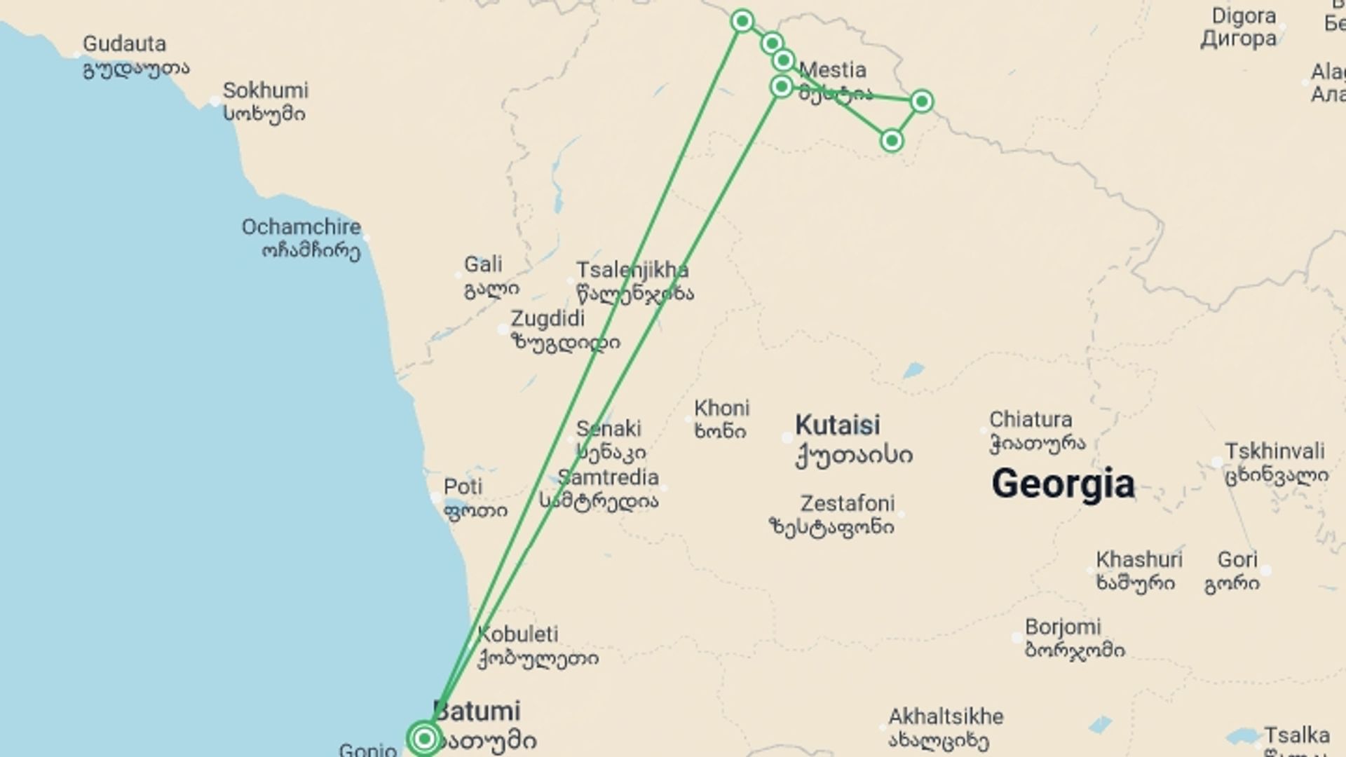 A map showing the tour itinerary for the trip: Hiking in the Georgian Caucasus, starting in Batumi, Georgia and ending in Batumi, Georgia going through 2 other destinations.
