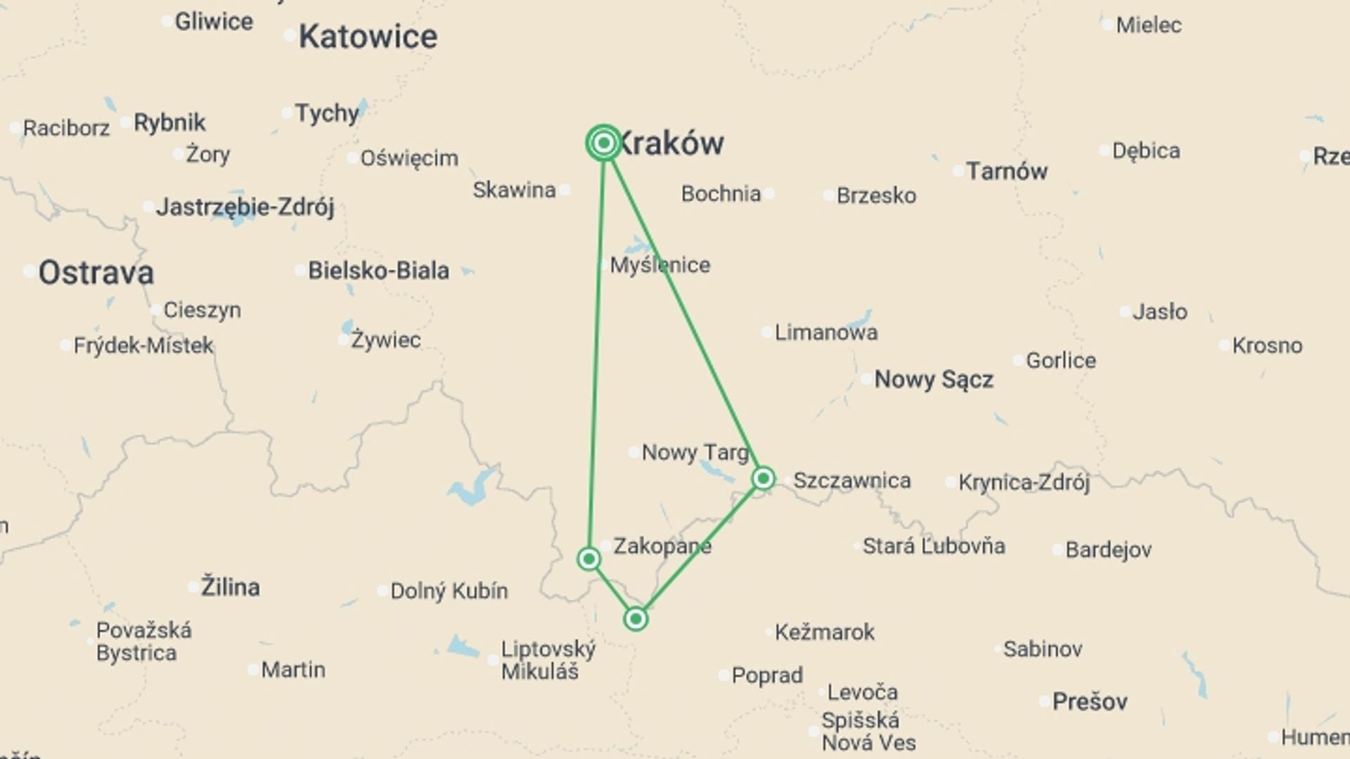 A map showing the tour itinerary for the trip: Hiking in the Polish Carpathians, starting in Krakow, Poland and ending in Krakow, Poland going through 2 other destinations.