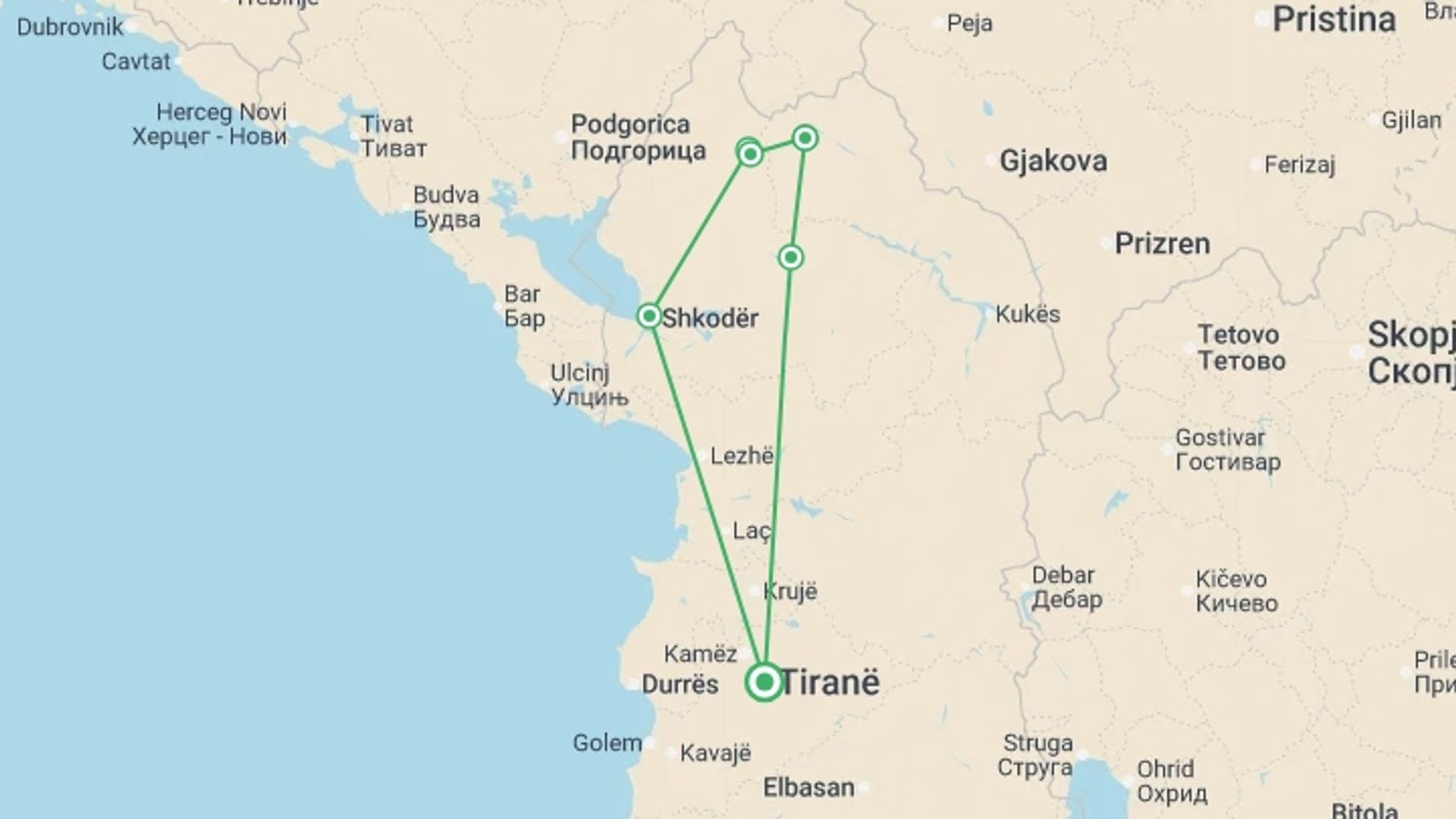 A map showing the tour itinerary for the trip: Hiking the Albanian Alps, starting in Tirana, Albania and ending in Tirana, Albania going through 2 other destinations.